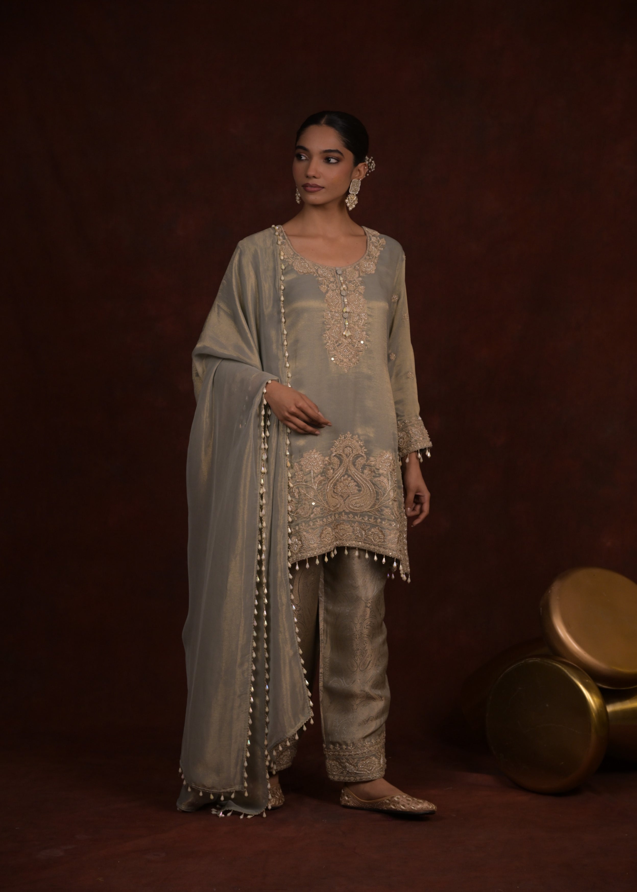 Sage Mist Embroidered Organza Tissue Silk Pant Set