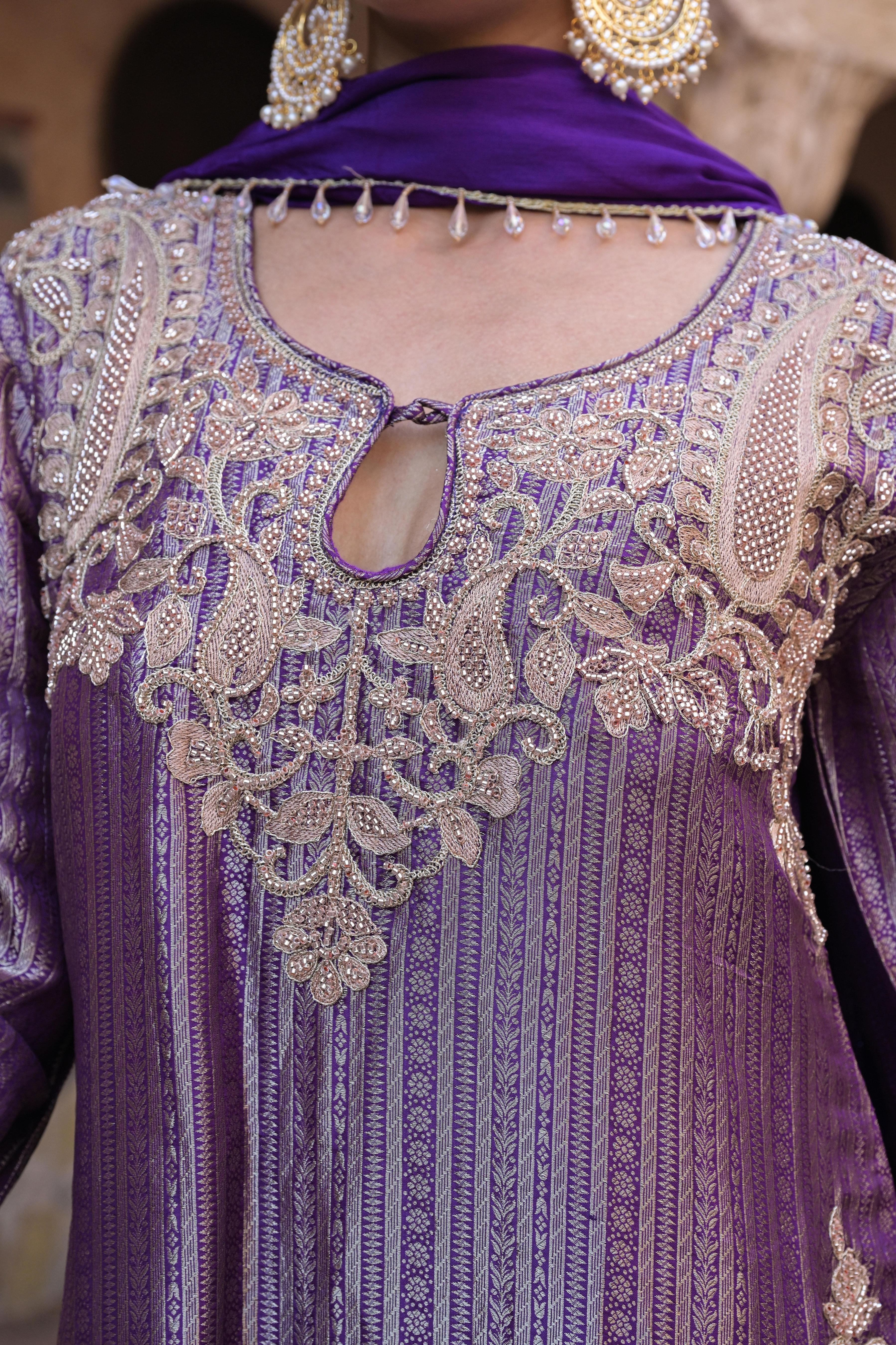 Grape Violet Embellished Brocade Silk Pant Set