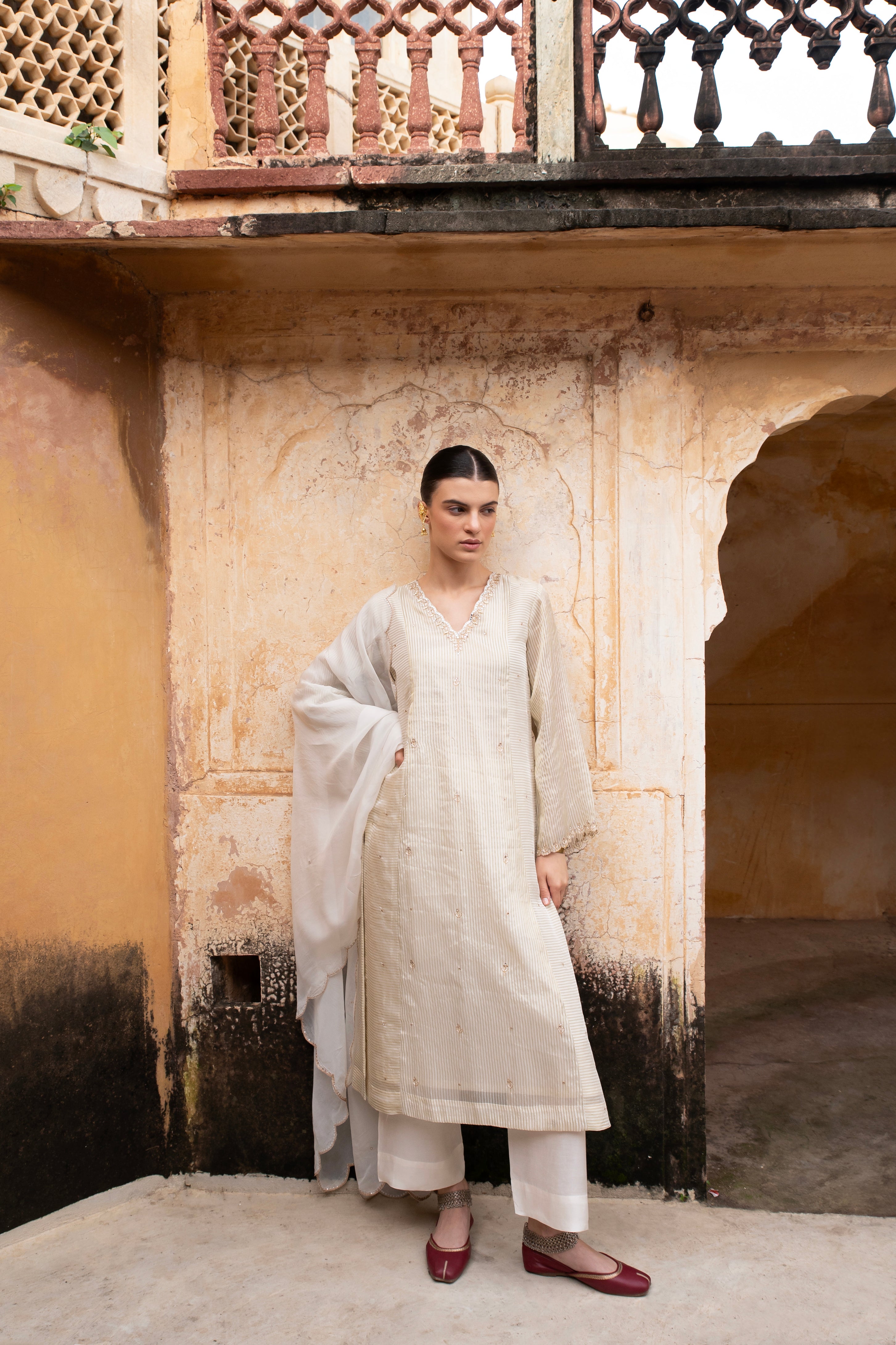 Cream Embellished Premium Silk Pant Set