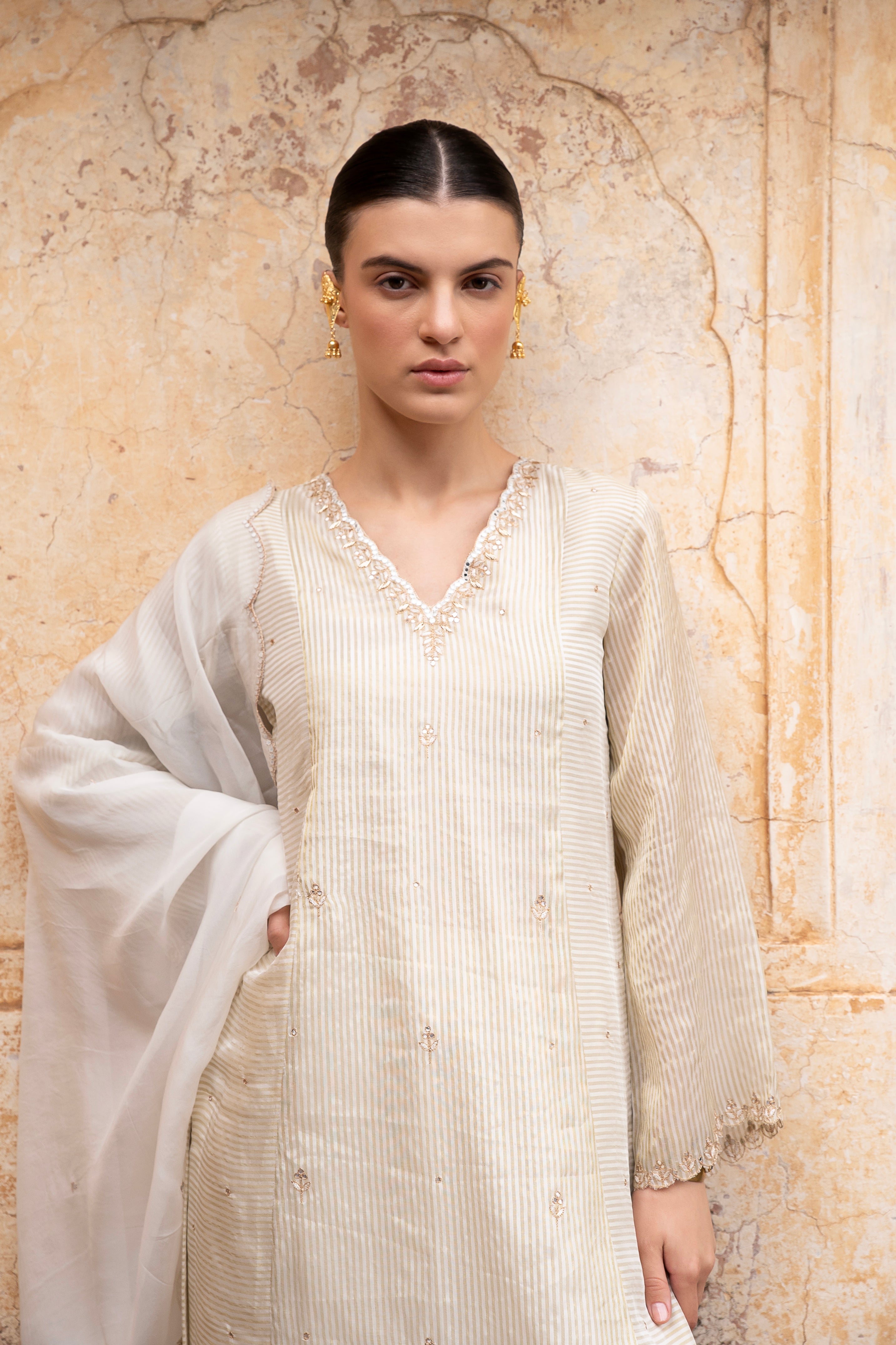 Cream Embellished Premium Silk Pant Set