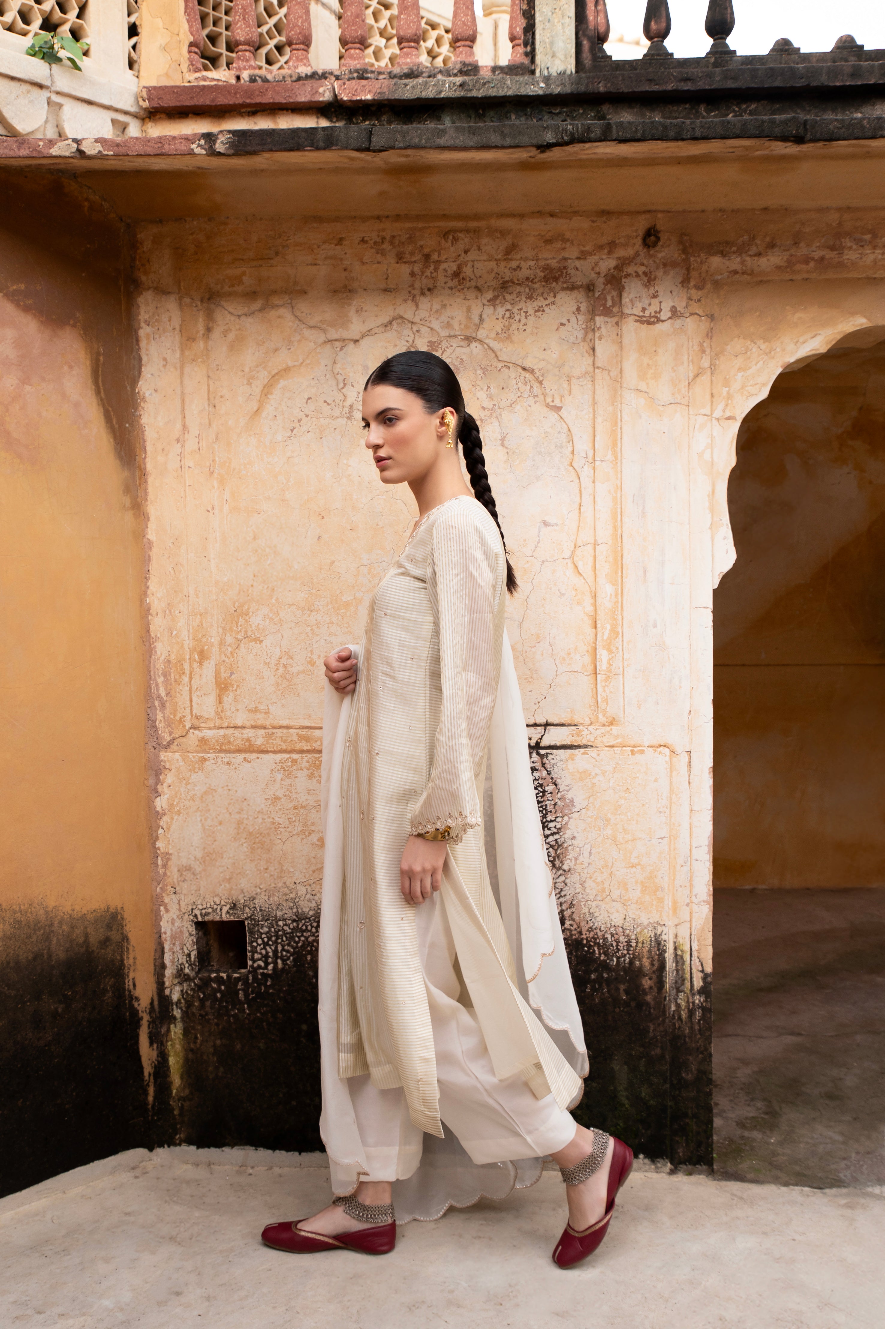 Cream Embellished Premium Silk Pant Set