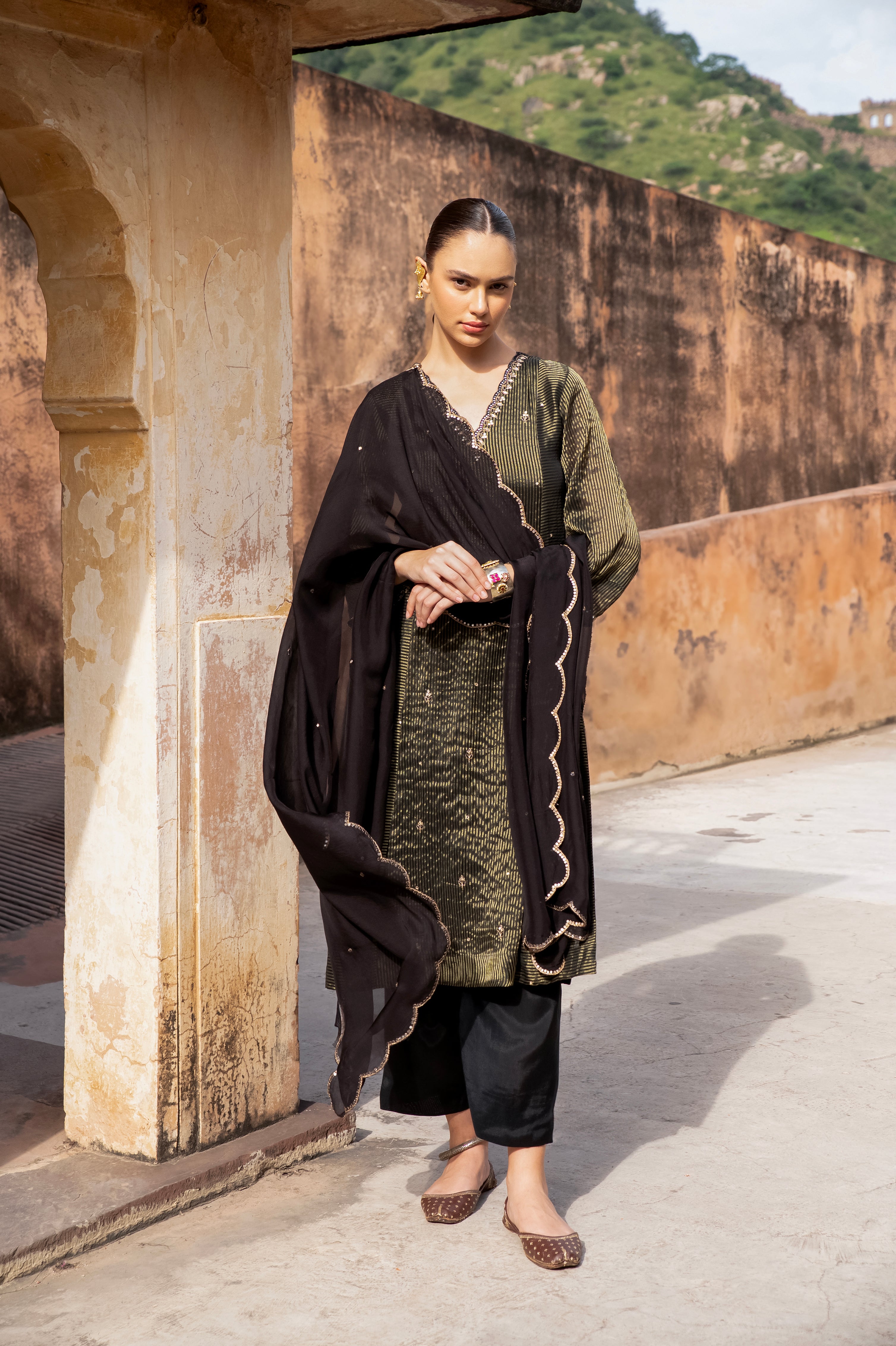 Black Embellished Premium Silk Pant Set