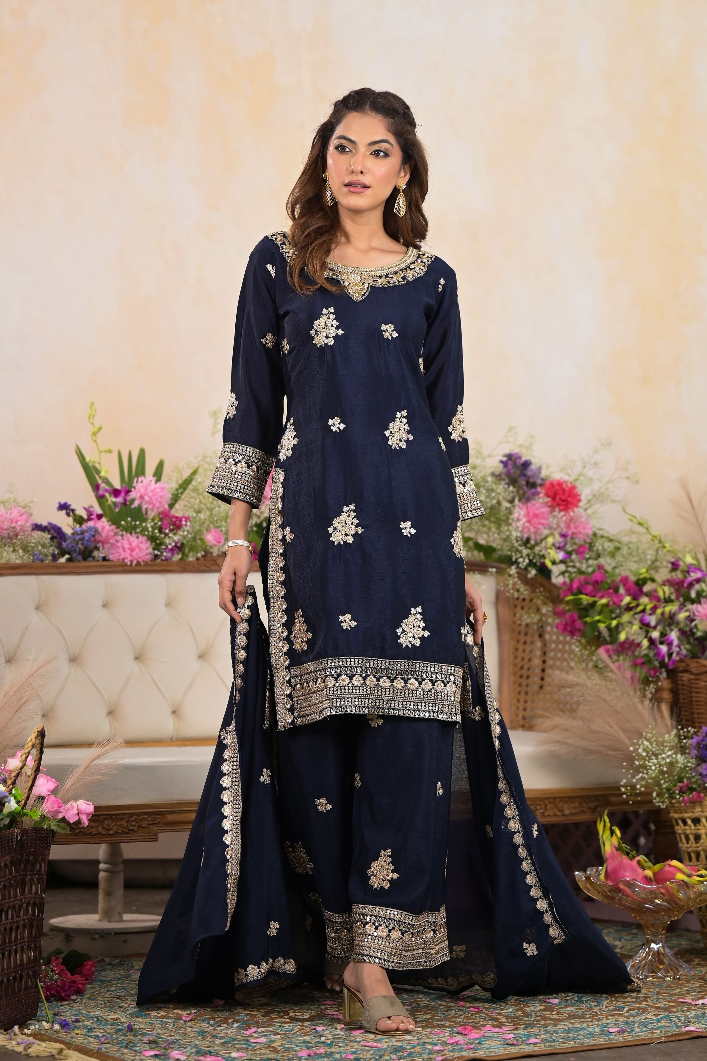 Navy Blue Embellished Premium Chinon Silk Palazzo Set