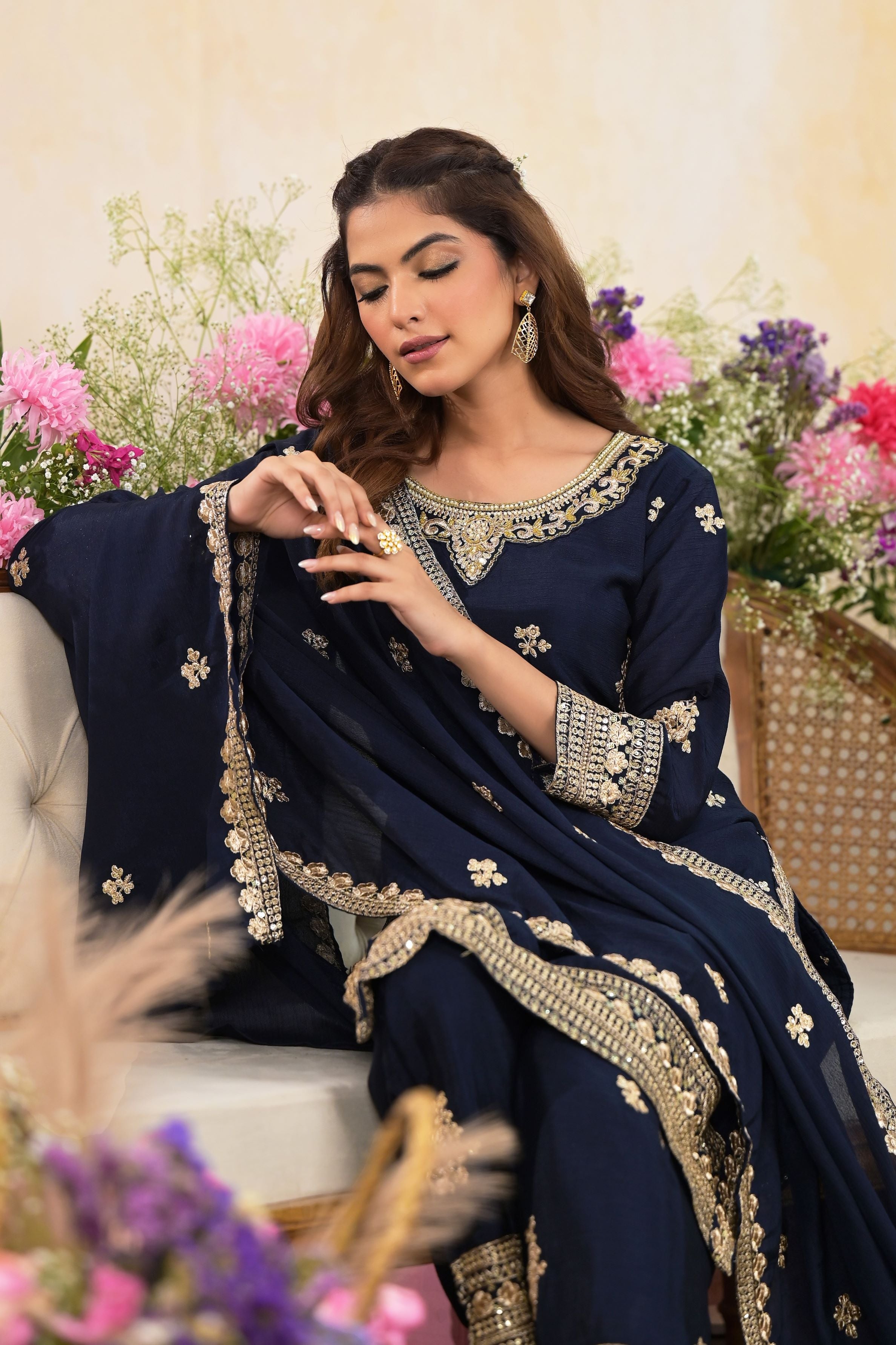 Navy Blue Embellished Premium Chinon Silk Palazzo Set