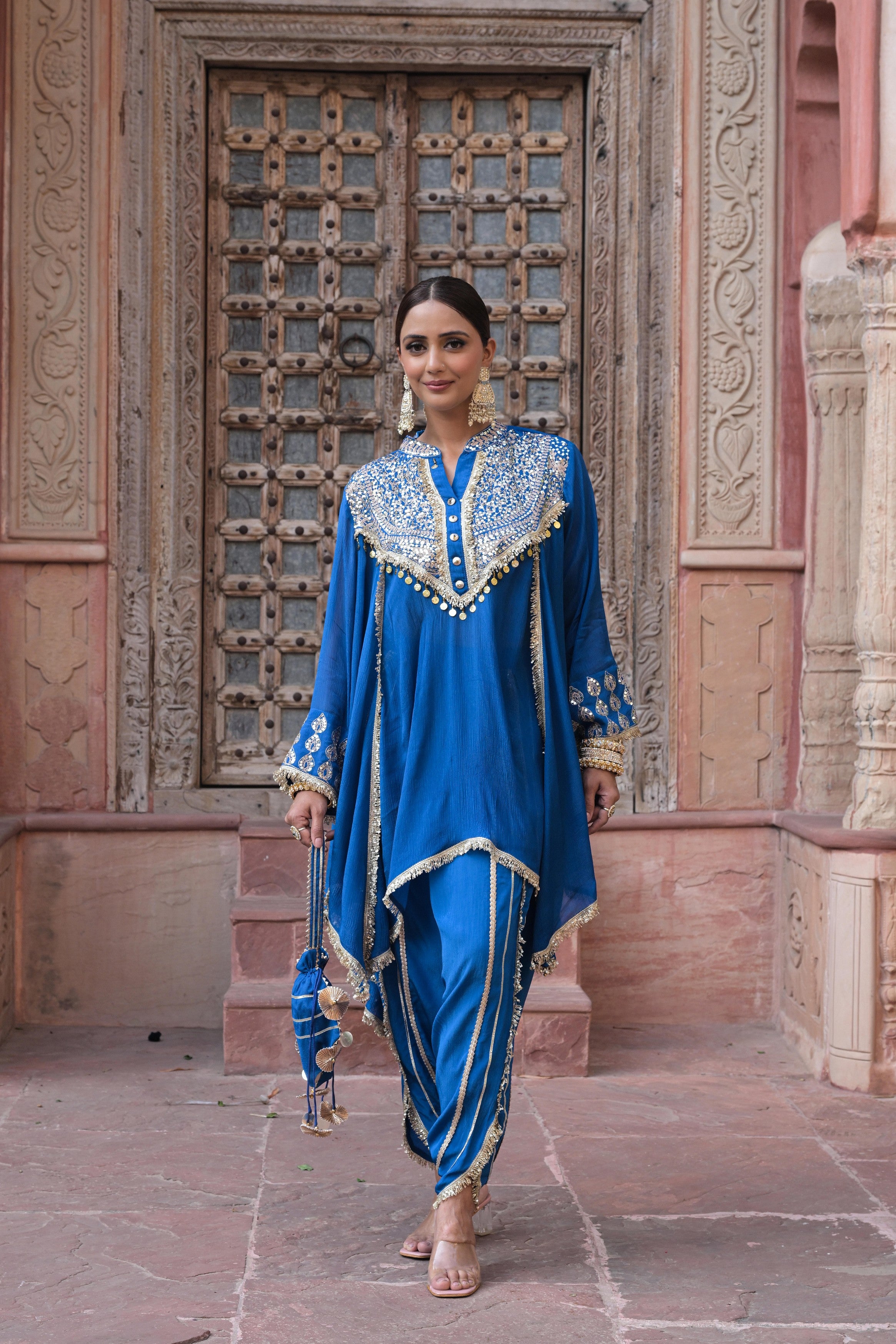 Royal Blue Embellished Chinon Silk Dhoti Set