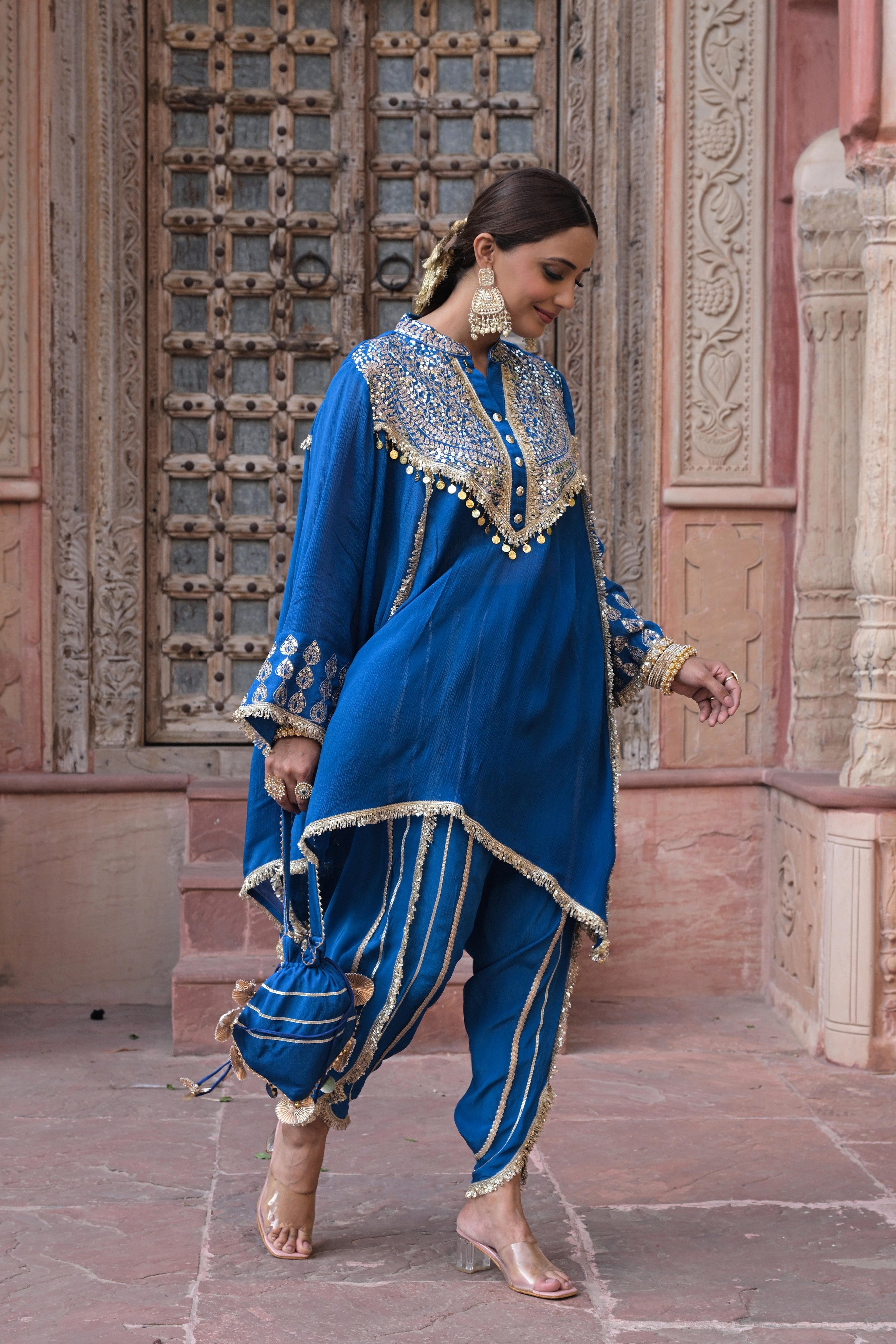 Royal Blue Embellished Chinon Silk Dhoti Set
