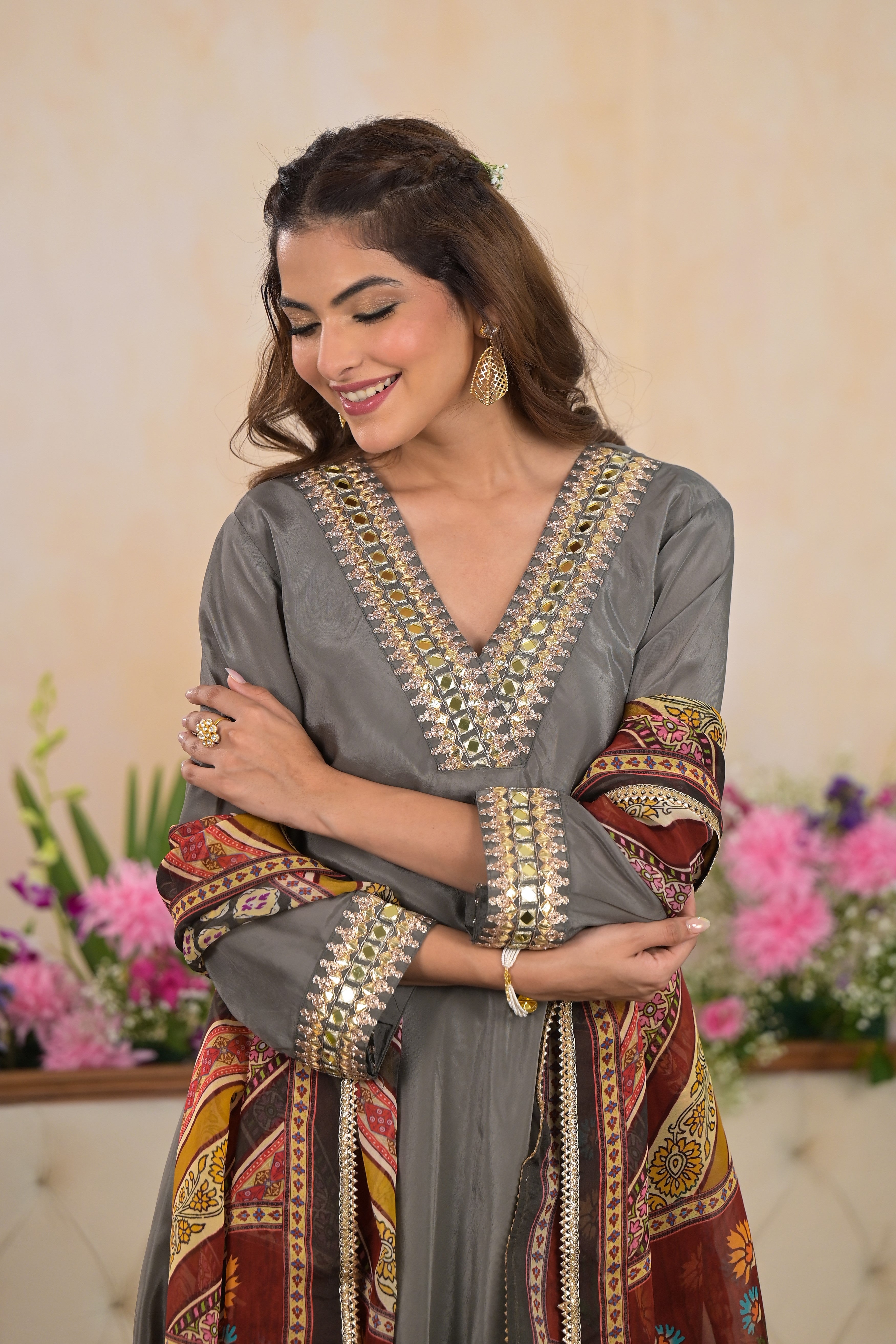 Grey Embellished Italian Silk Dhoti Set