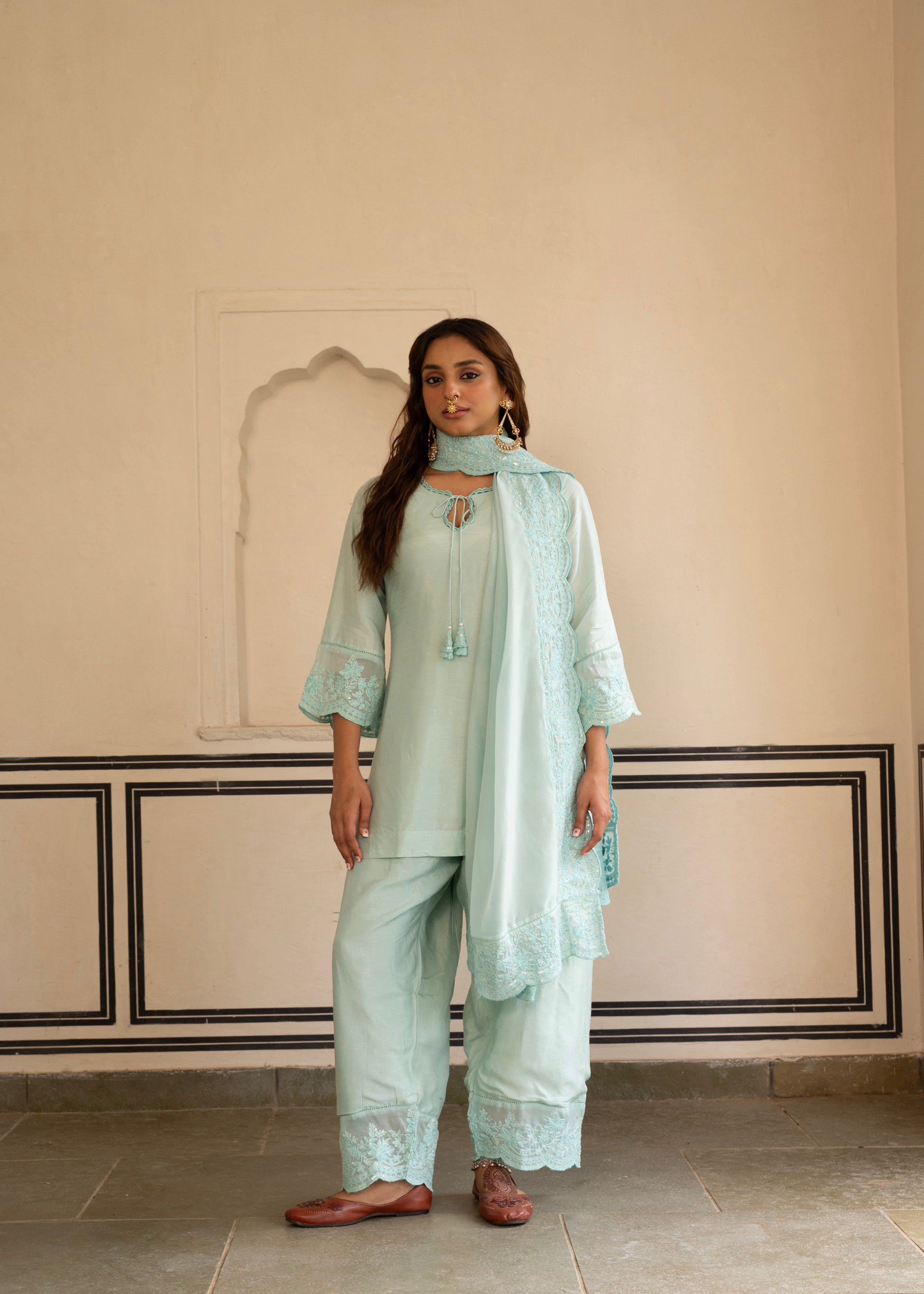 Ice Blue Chikankari Dola Silk Salwar Pant Set