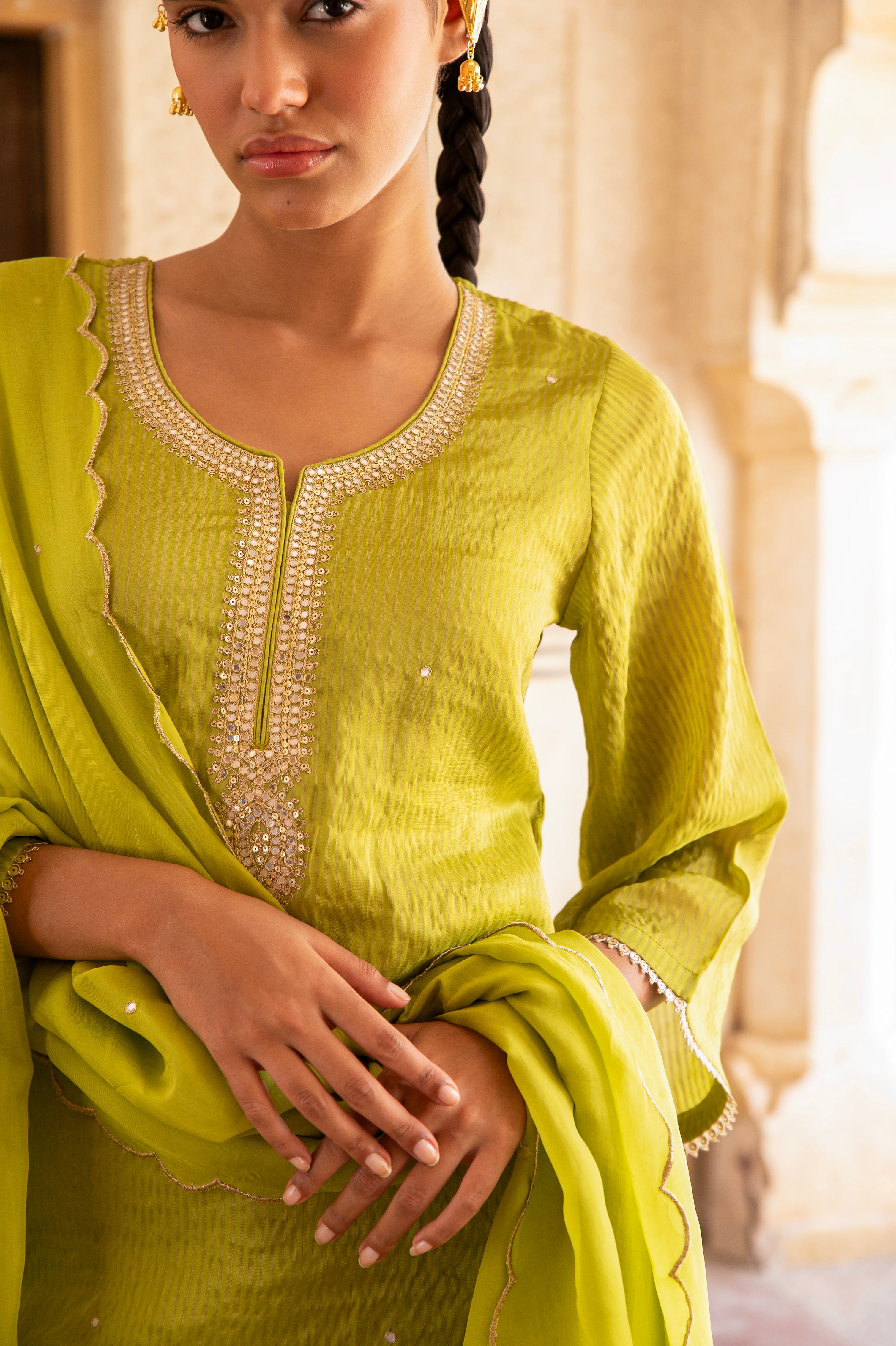 Lime Green Embellished Premium Silk Pant Set