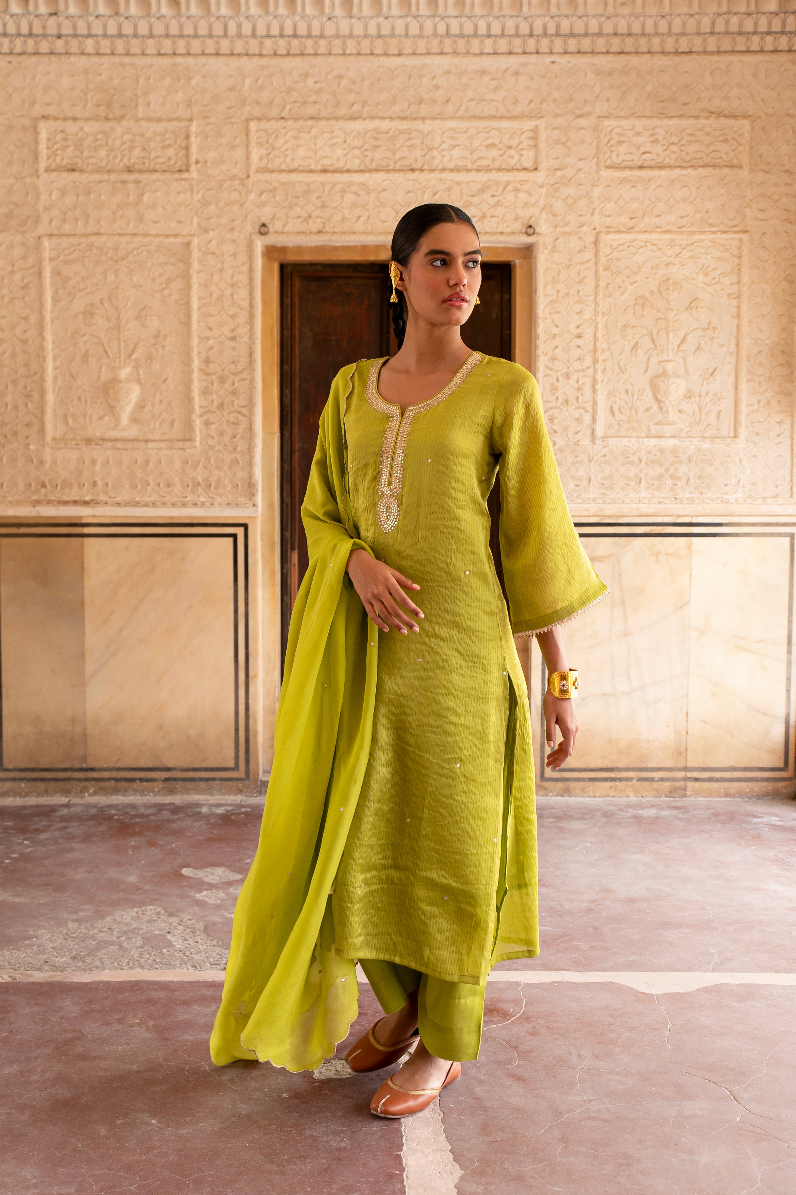 Lime Green Embellished Premium Silk Pant Set