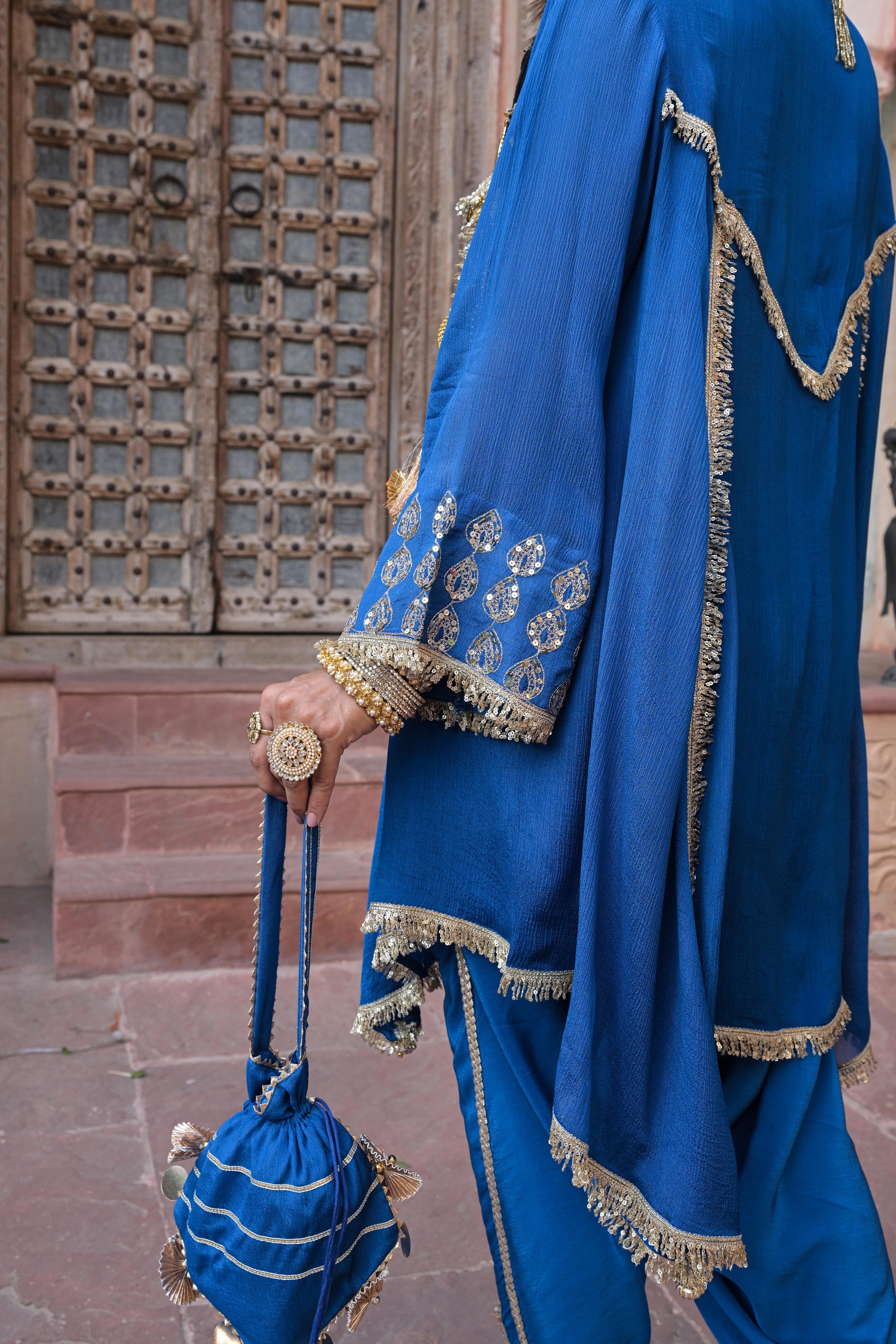 Royal Blue Embellished Chinon Silk Dhoti Set