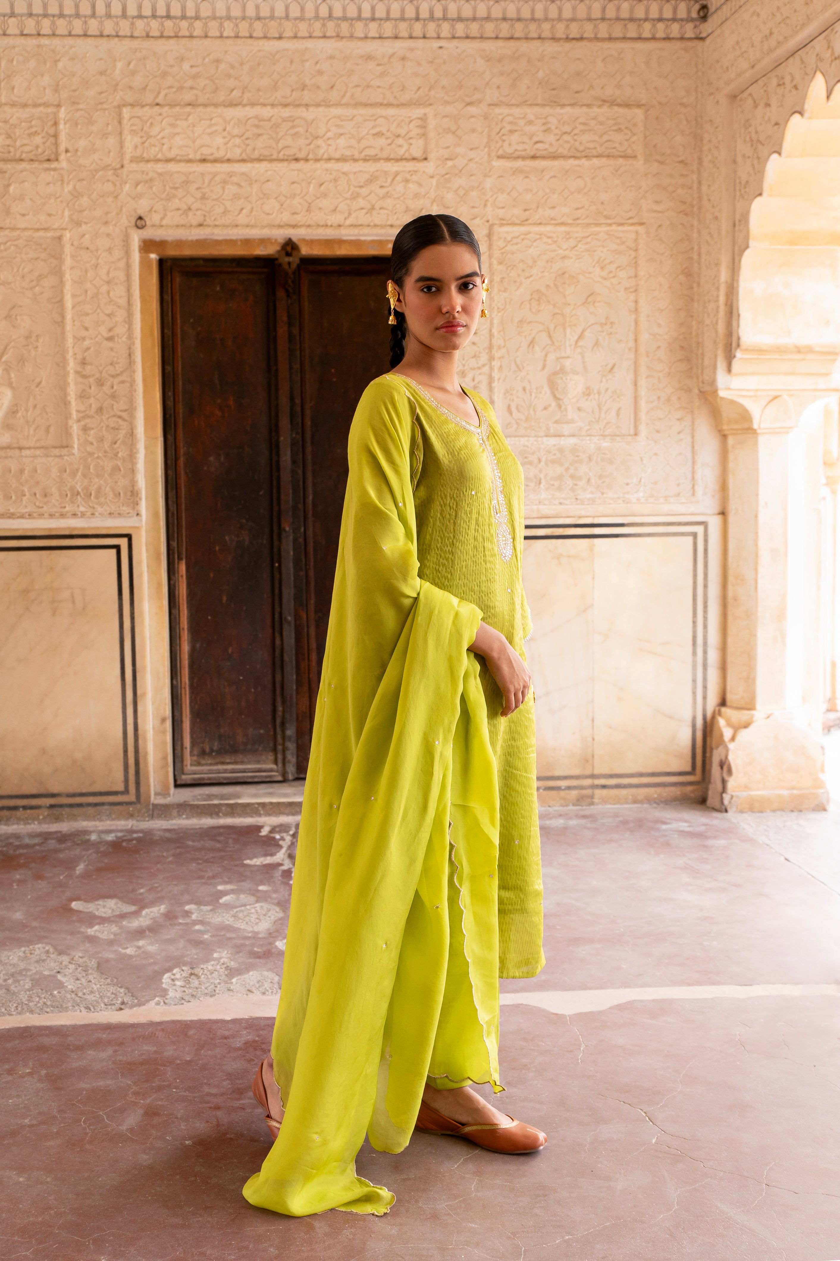 Lime Green Embellished Premium Silk Pant Set