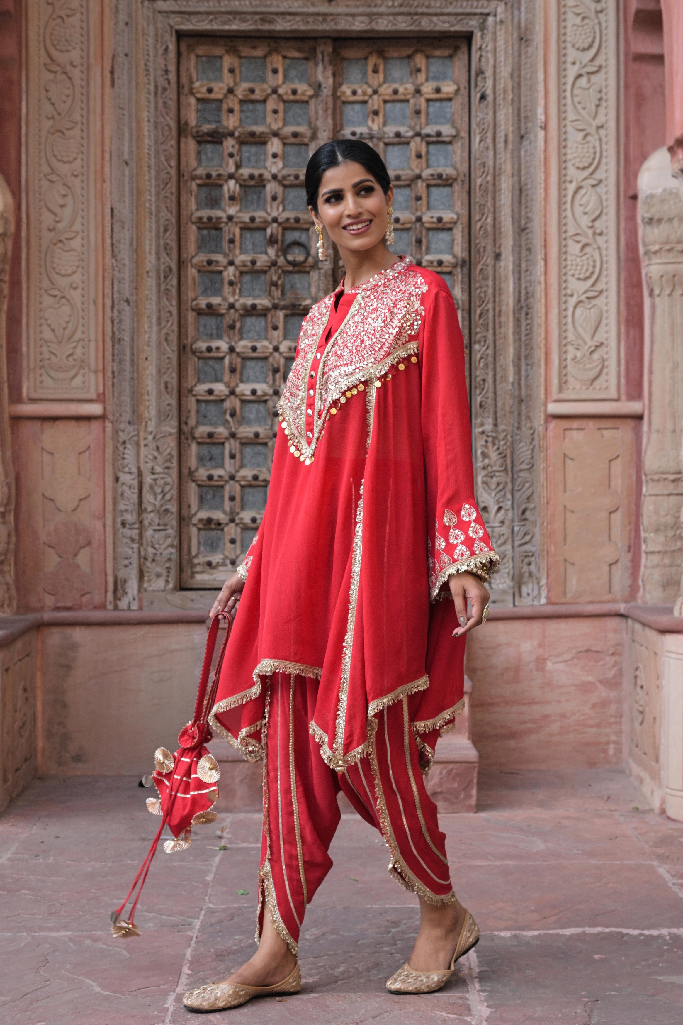 Bright Red Embellished Chinon Silk Dhoti Set