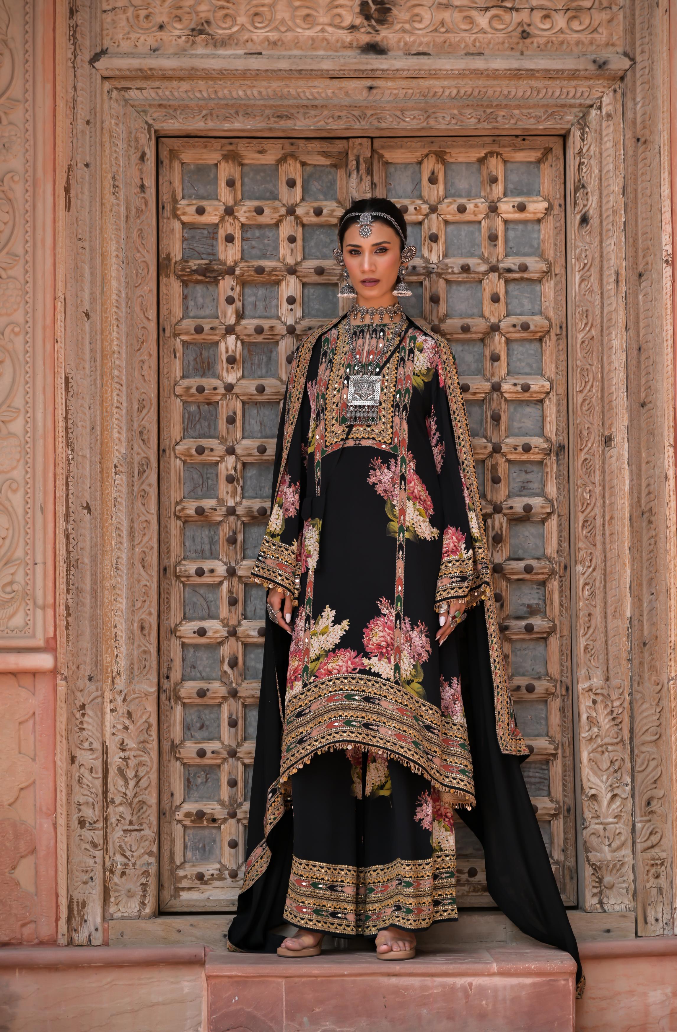 Classic Black Printed Embellished Crepe Silk Palazzo Set