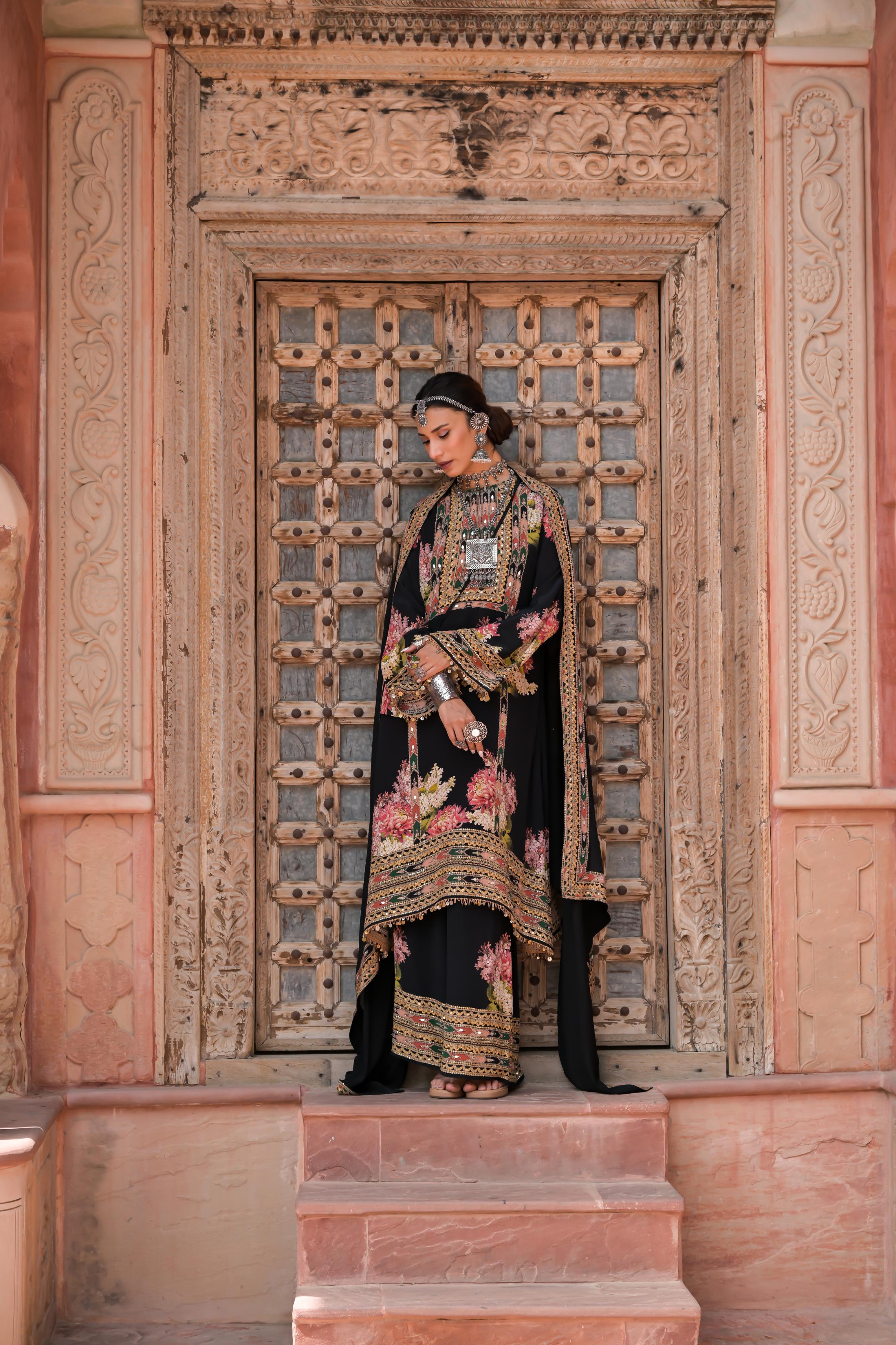 Classic Black Printed Embellished Crepe Silk Palazzo Set