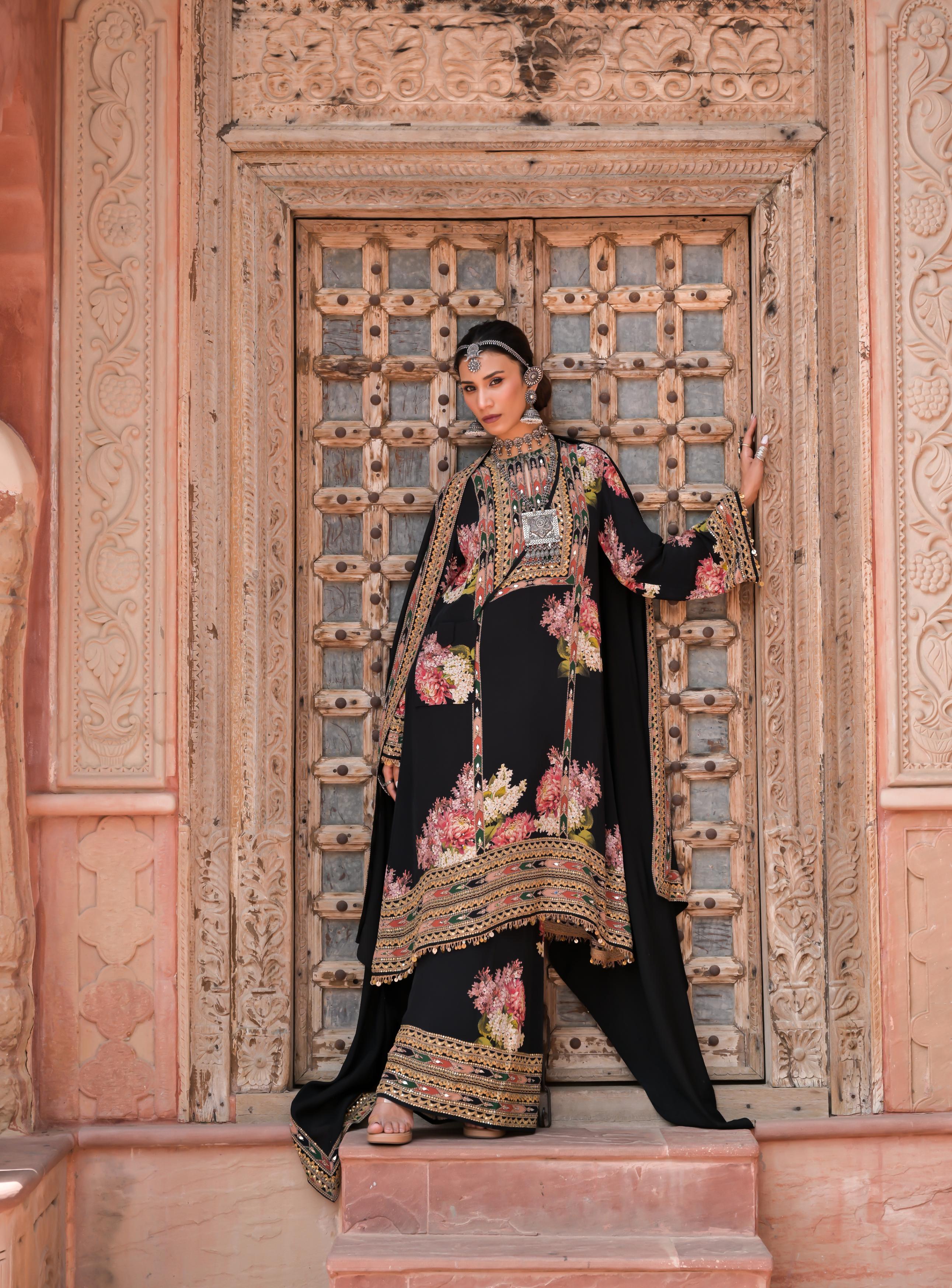 Classic Black Printed Embellished Crepe Silk Palazzo Set