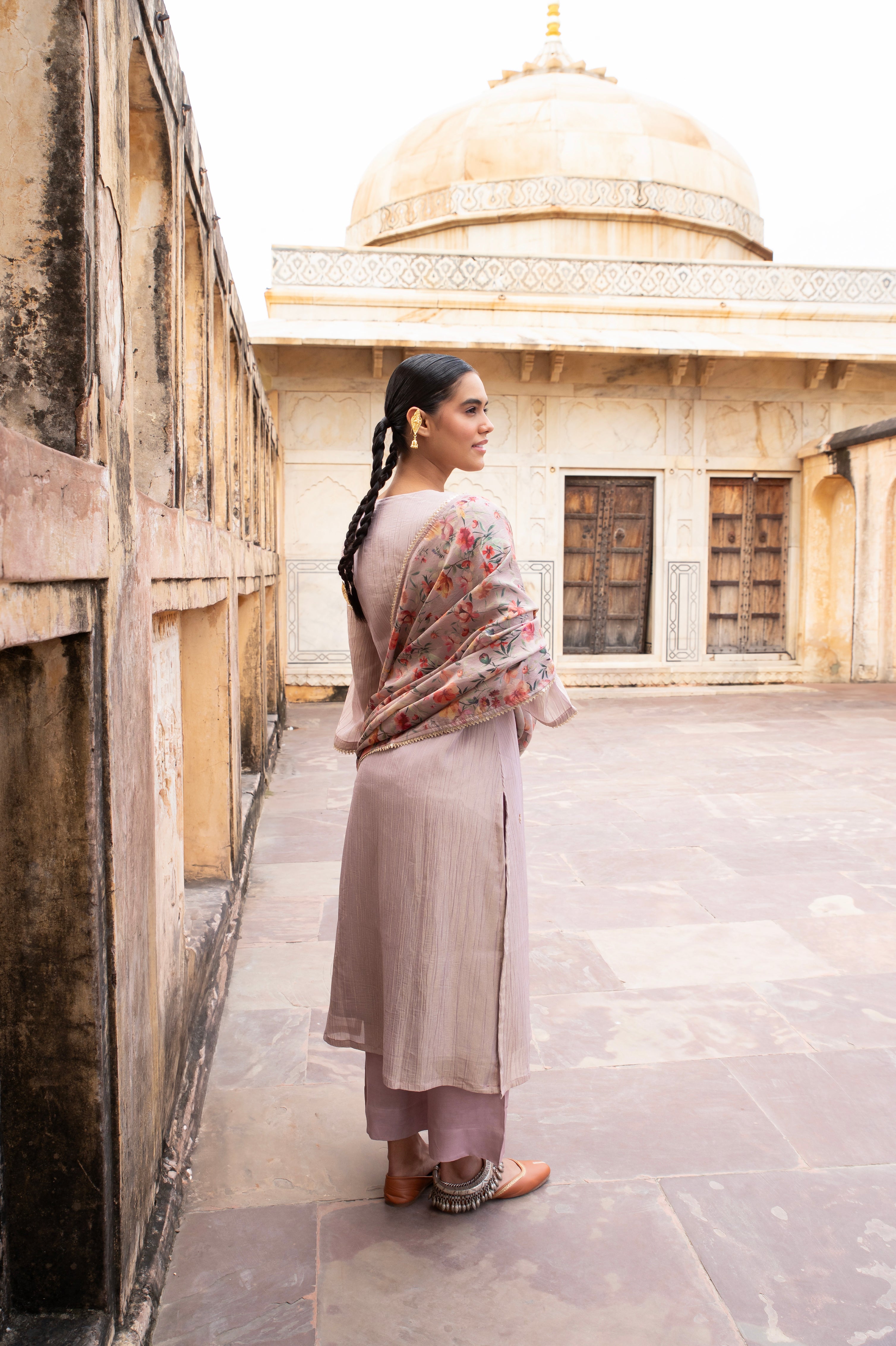 Pastel Purple Embellished Crushed Tissue Silk Pant Set