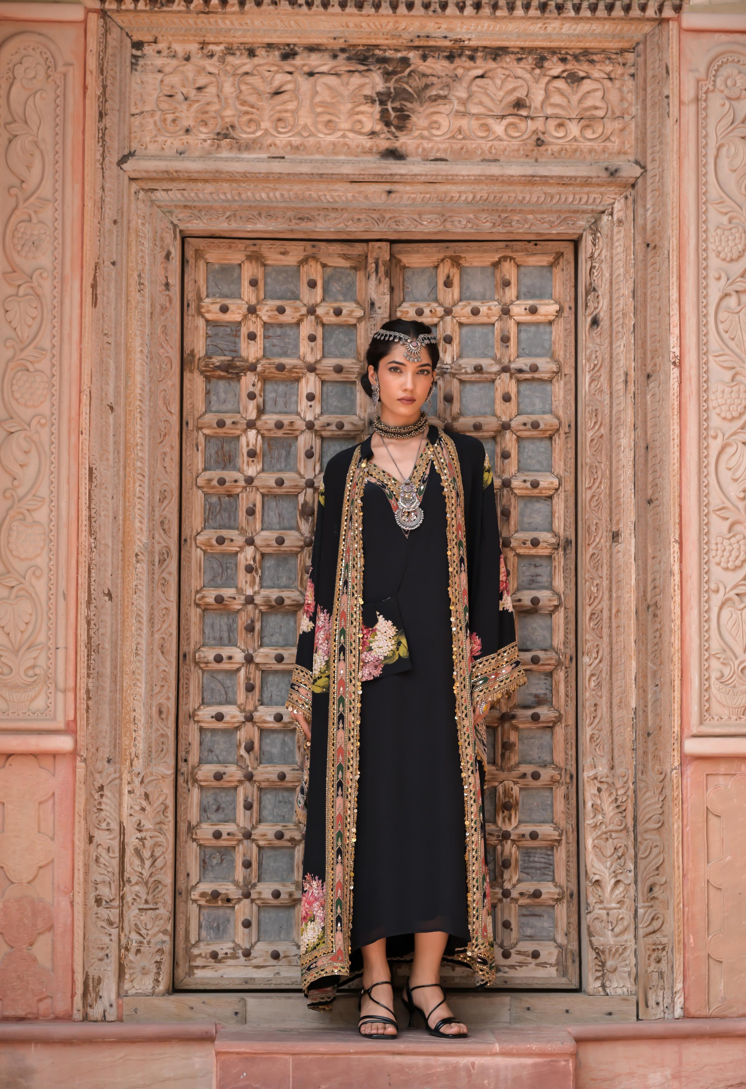 Midnight Black Printed Embellished Crepe Silk Cape Set