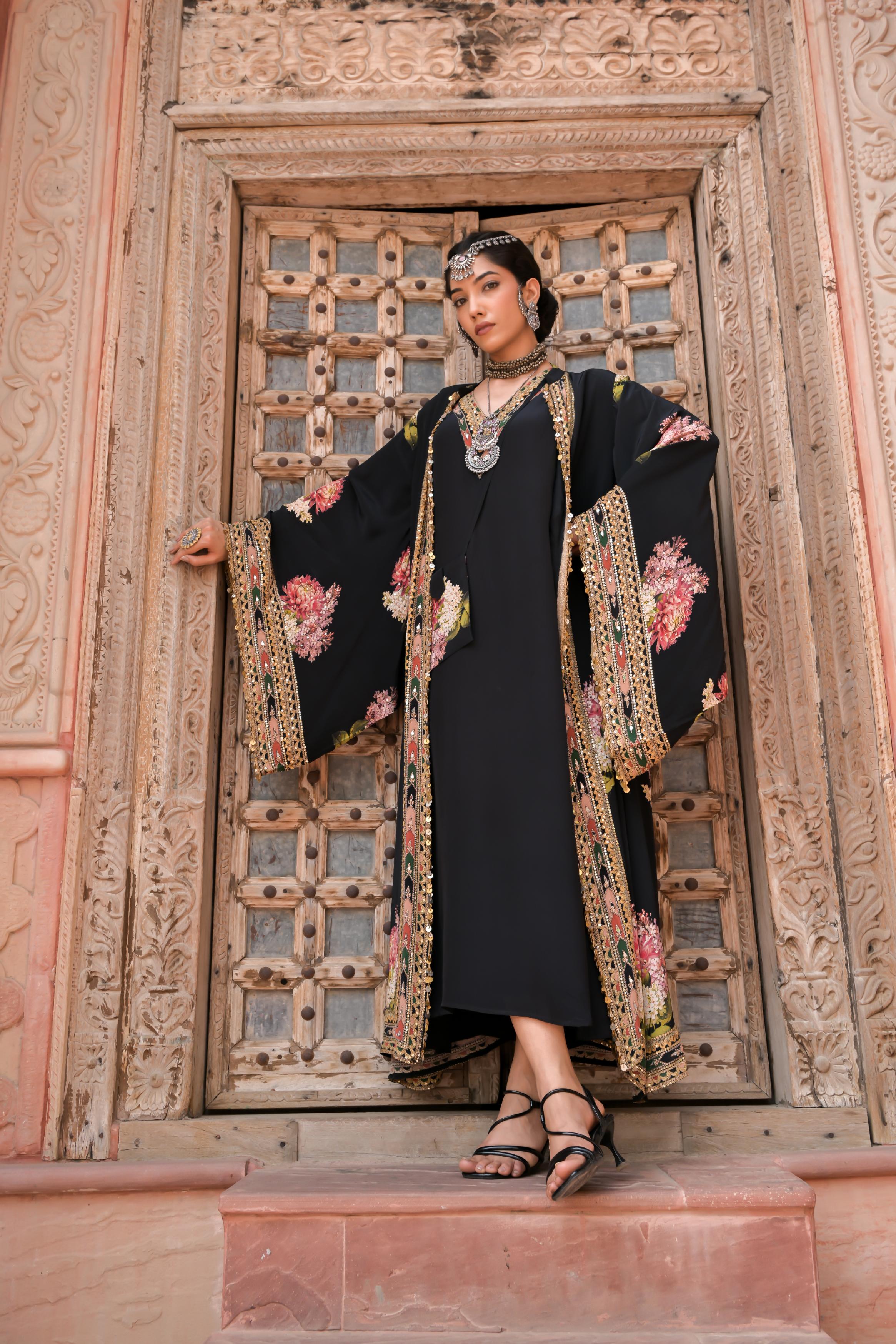Midnight Black Printed Embellished Crepe Silk Cape Set