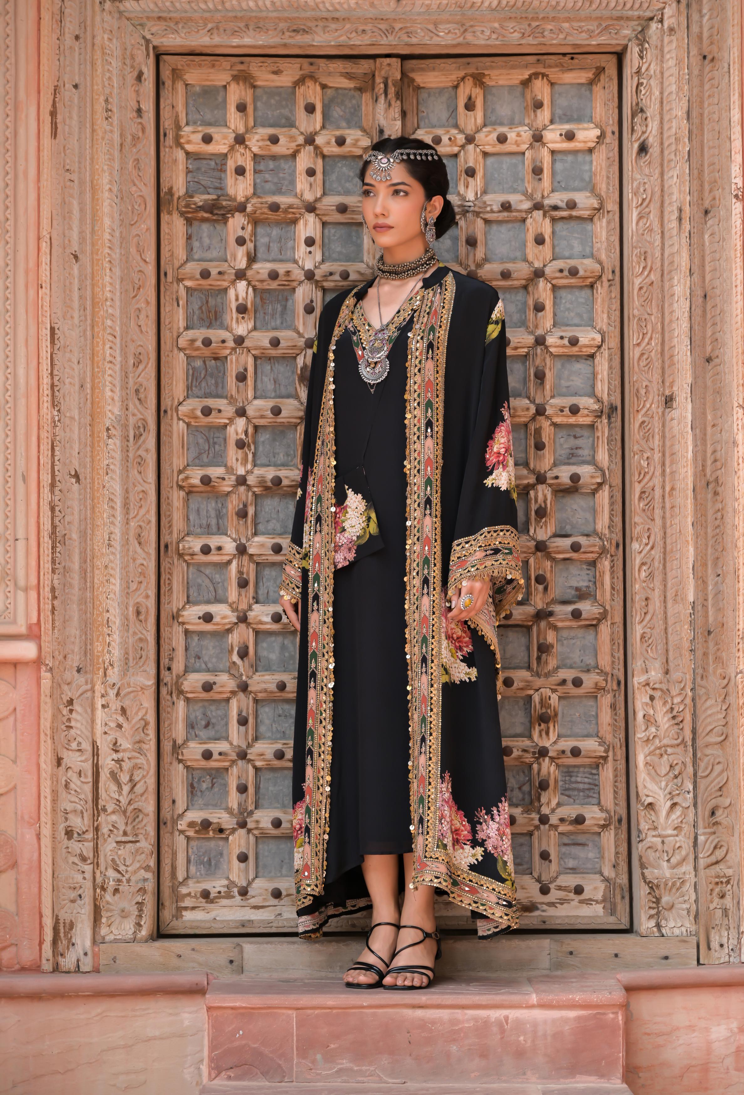 Midnight Black Printed Embellished Crepe Silk Cape Set