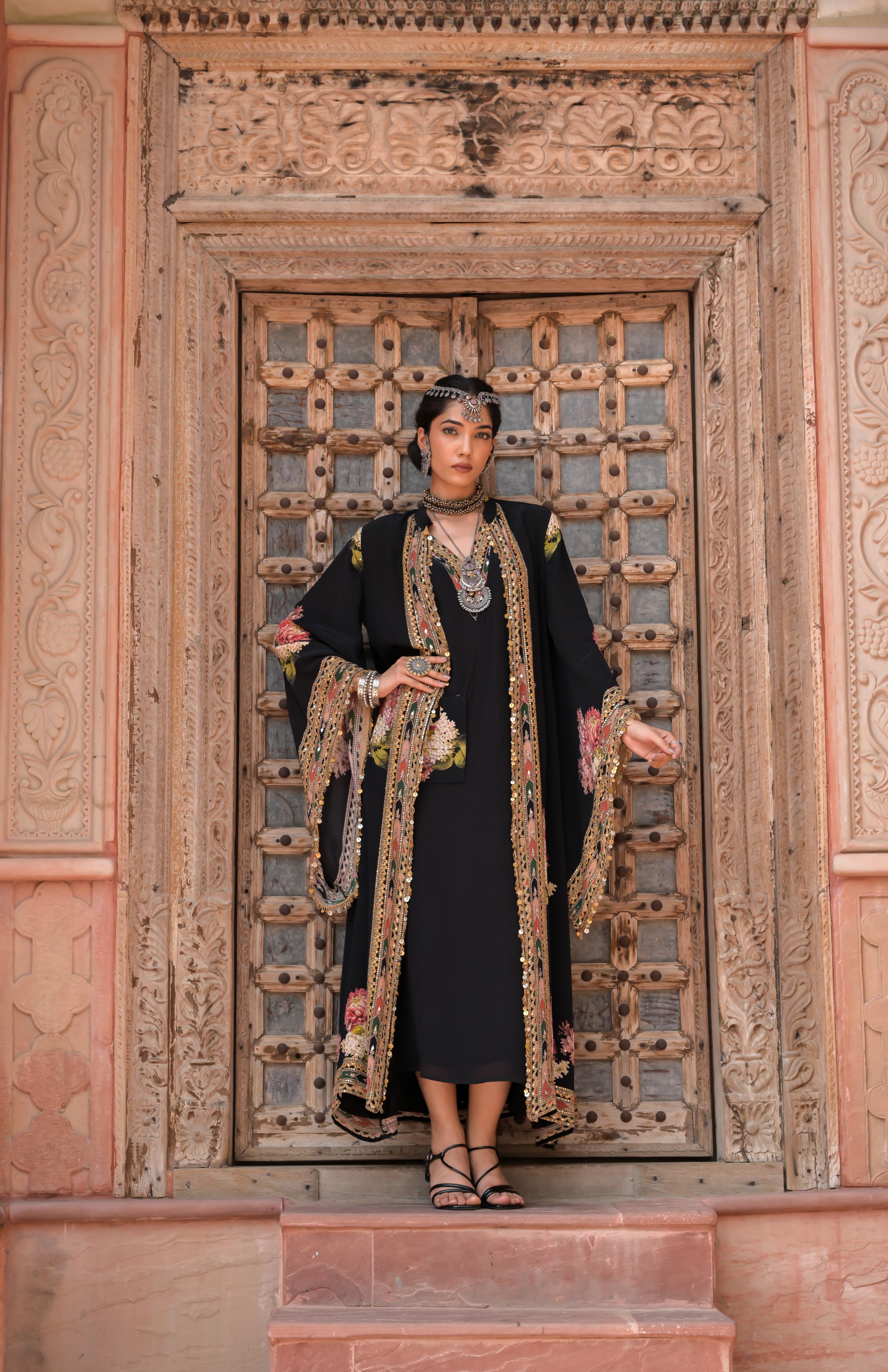 Midnight Black Printed Embellished Crepe Silk Cape Set