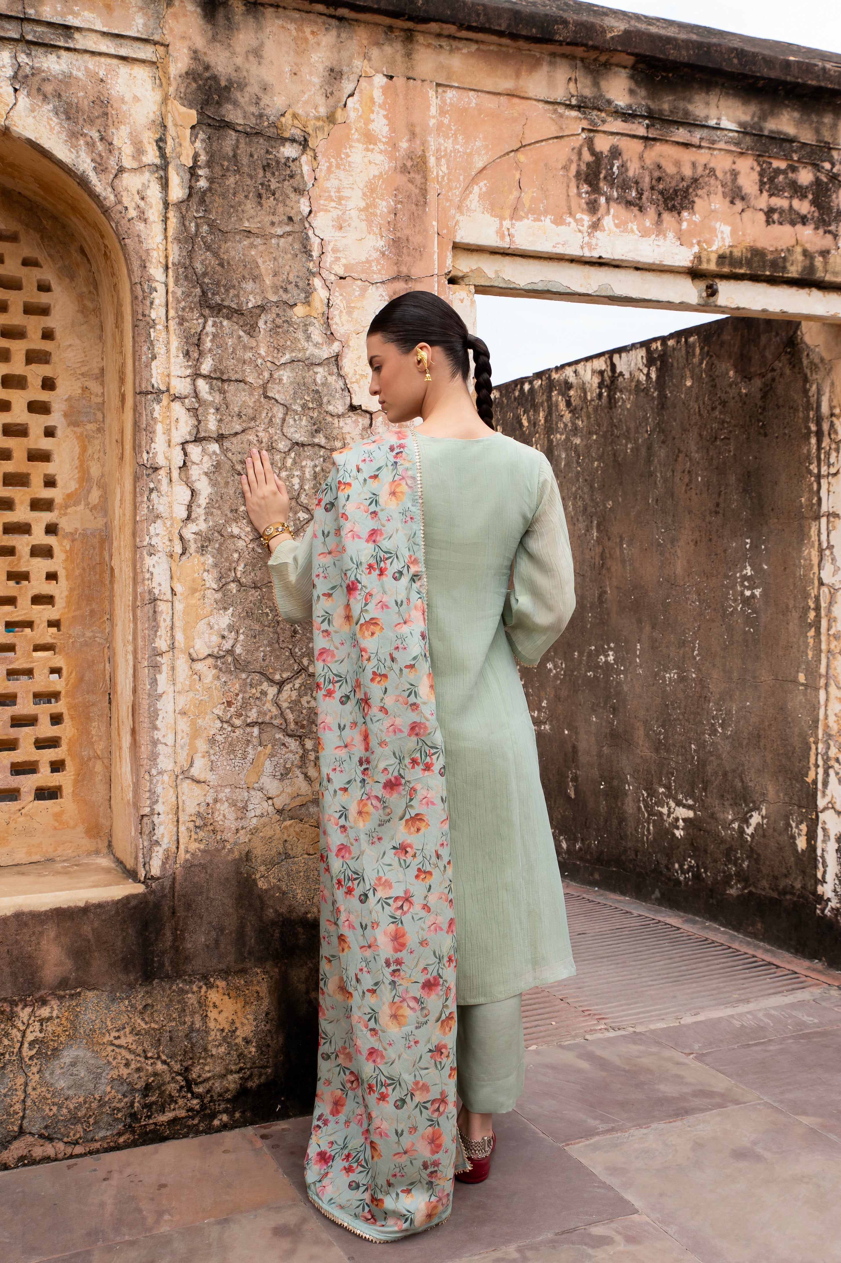 Pastel Green Embellished Crushed Tissue Silk Pant Set