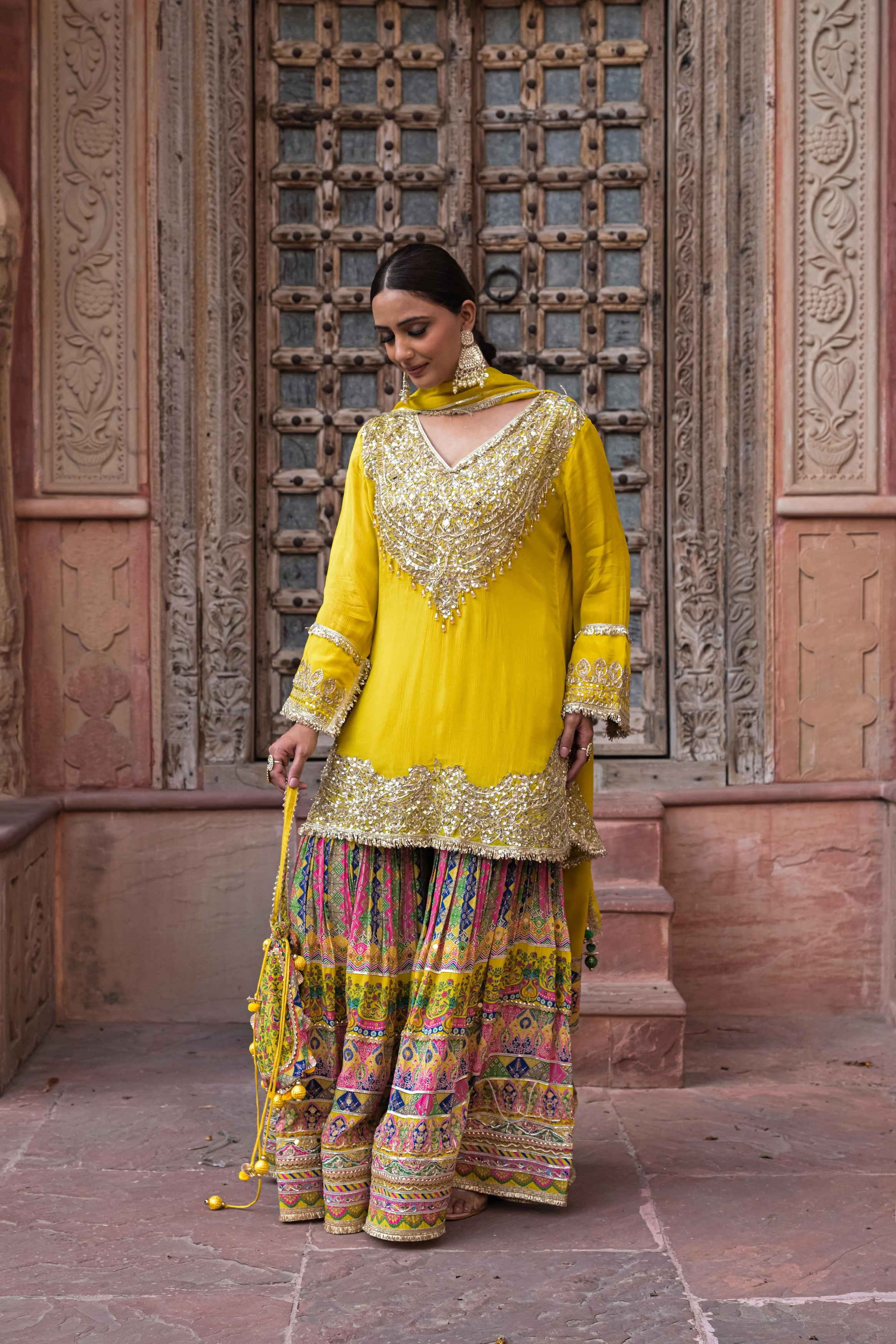 Lemon Yellow Embellished Chinon Silk Sharara Set