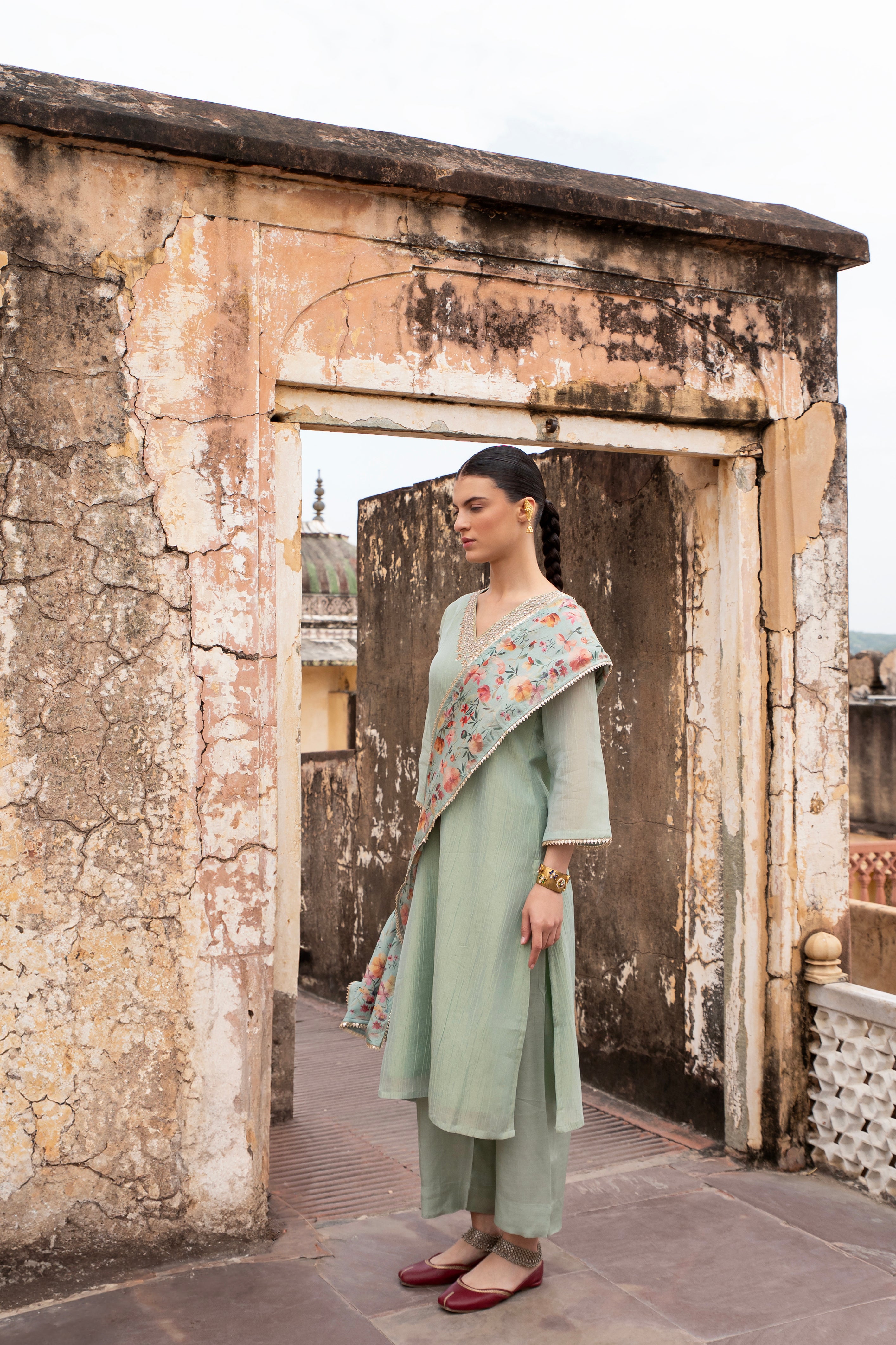 Pastel Green Embellished Crushed Tissue Silk Pant Set