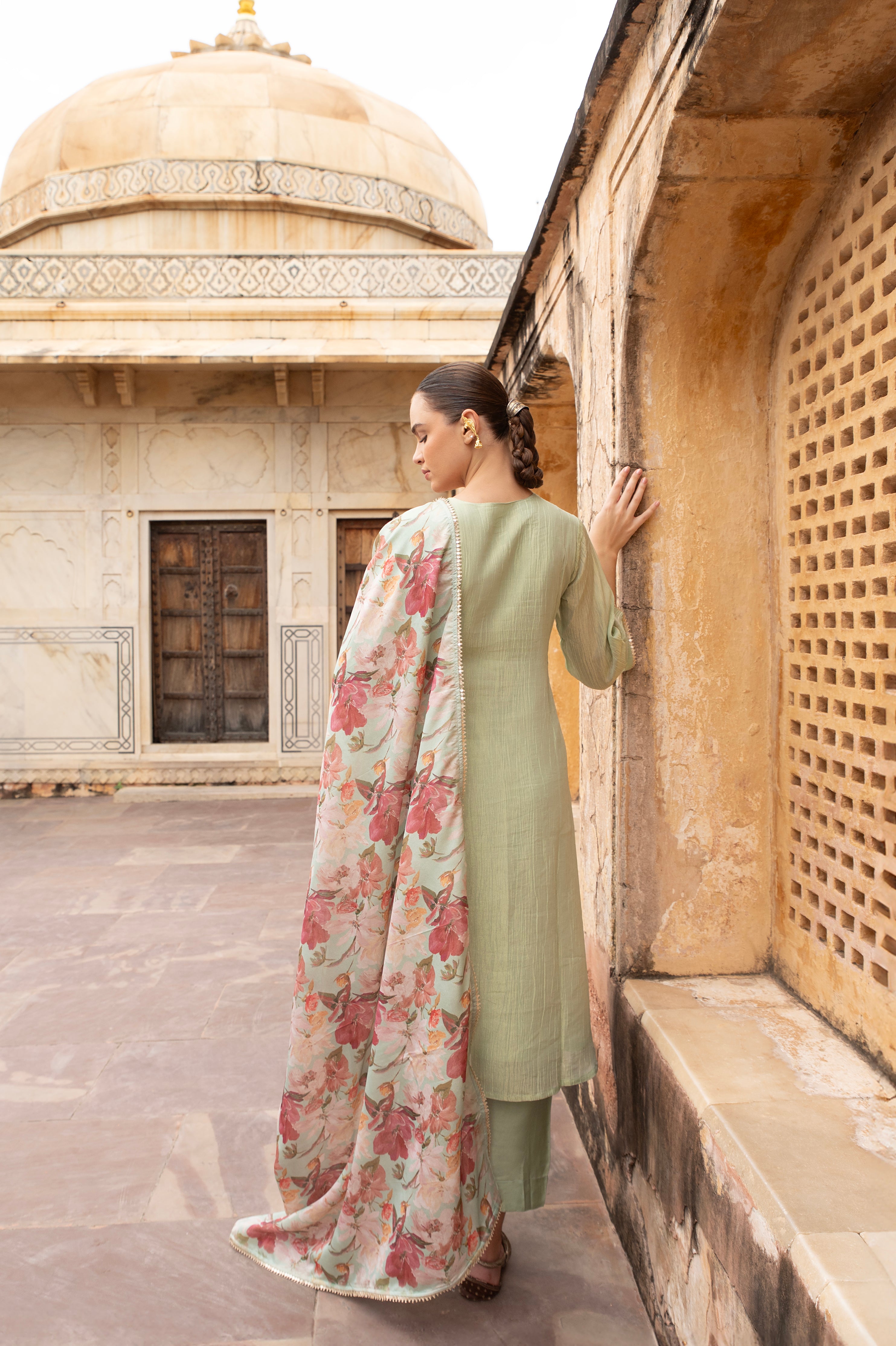 Green Embellished Crushed Tissue Silk Pant Set
