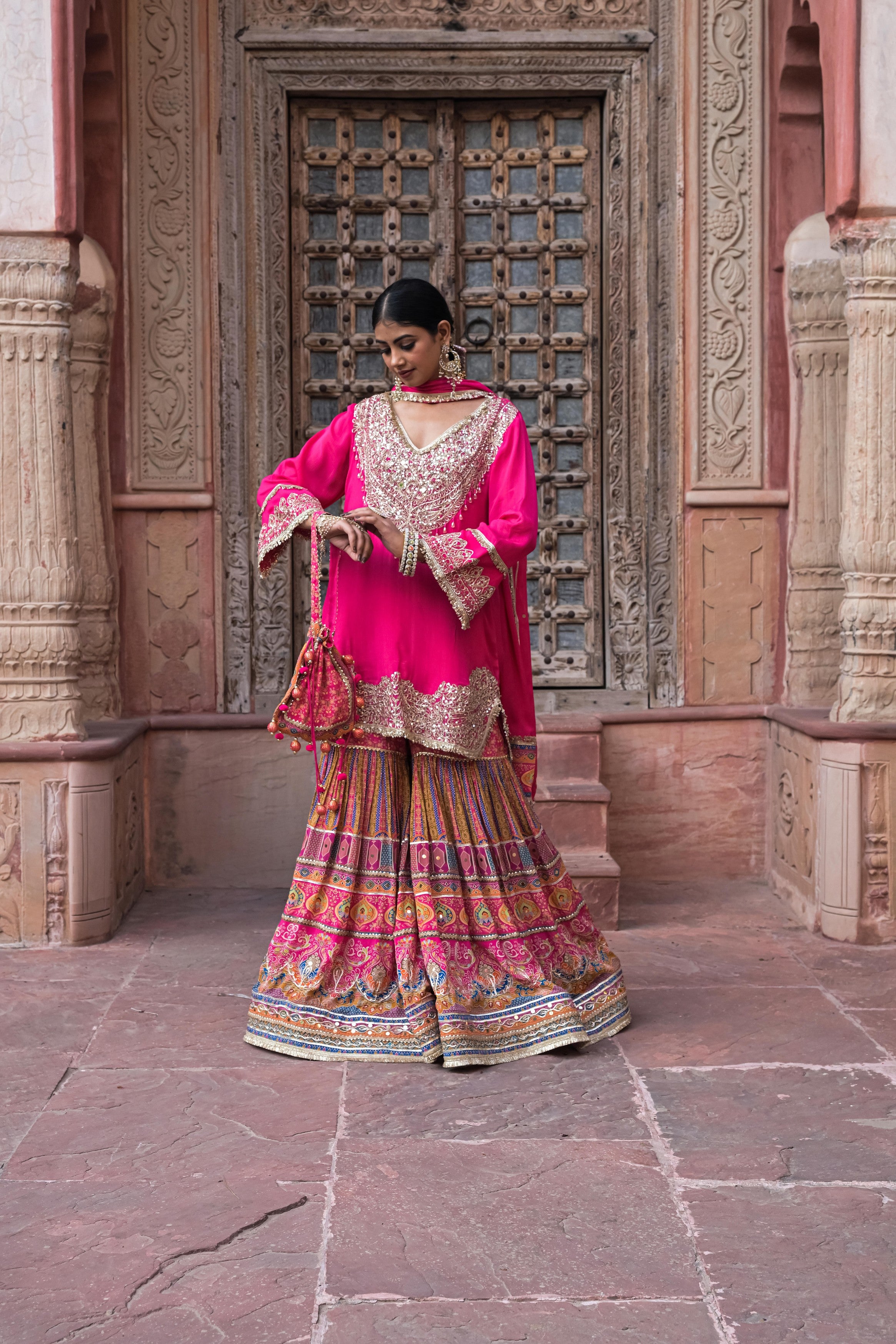 Hot Pink Embellished Chinon Silk Sharara Set