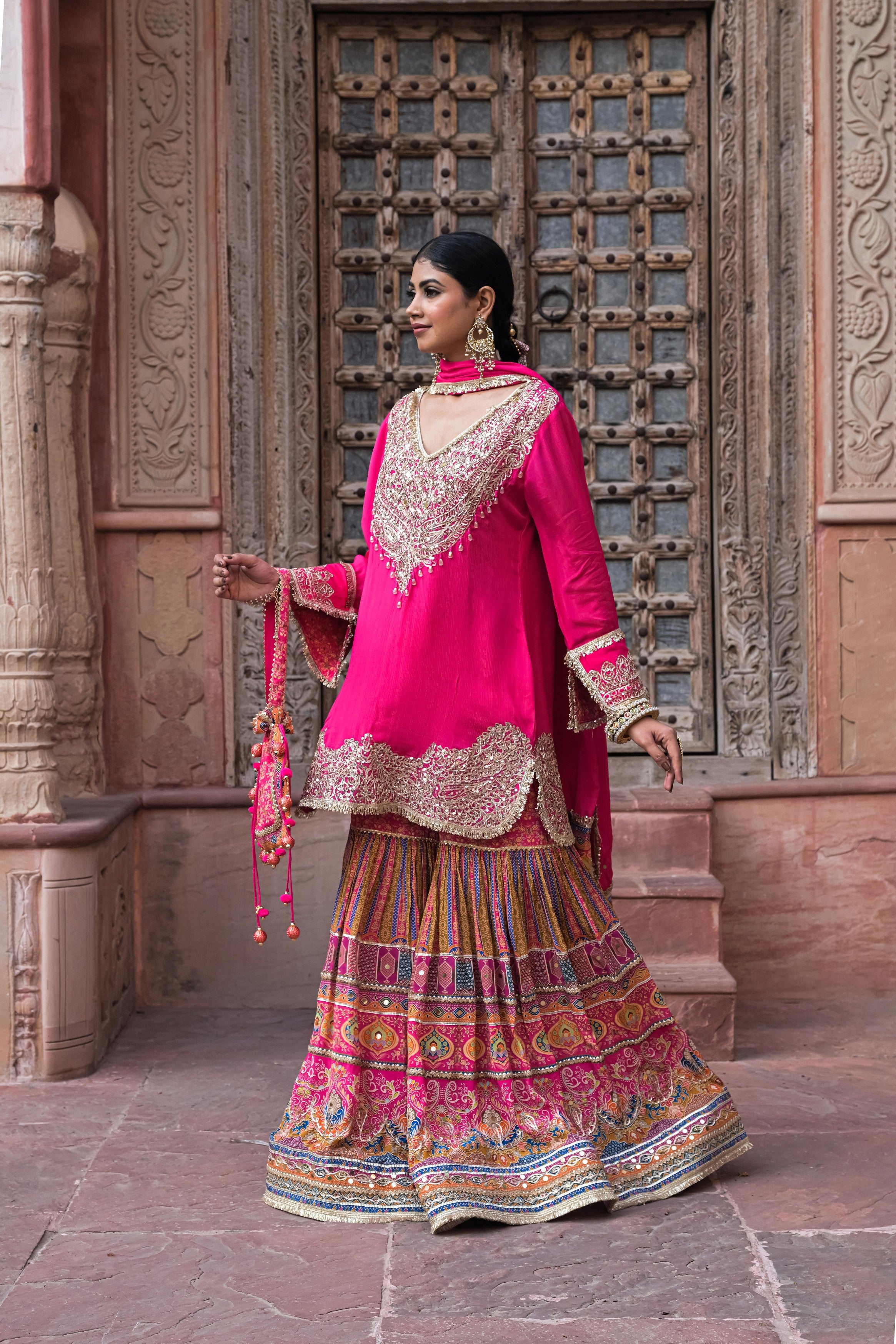 Hot Pink Embellished Chinon Silk Sharara Set