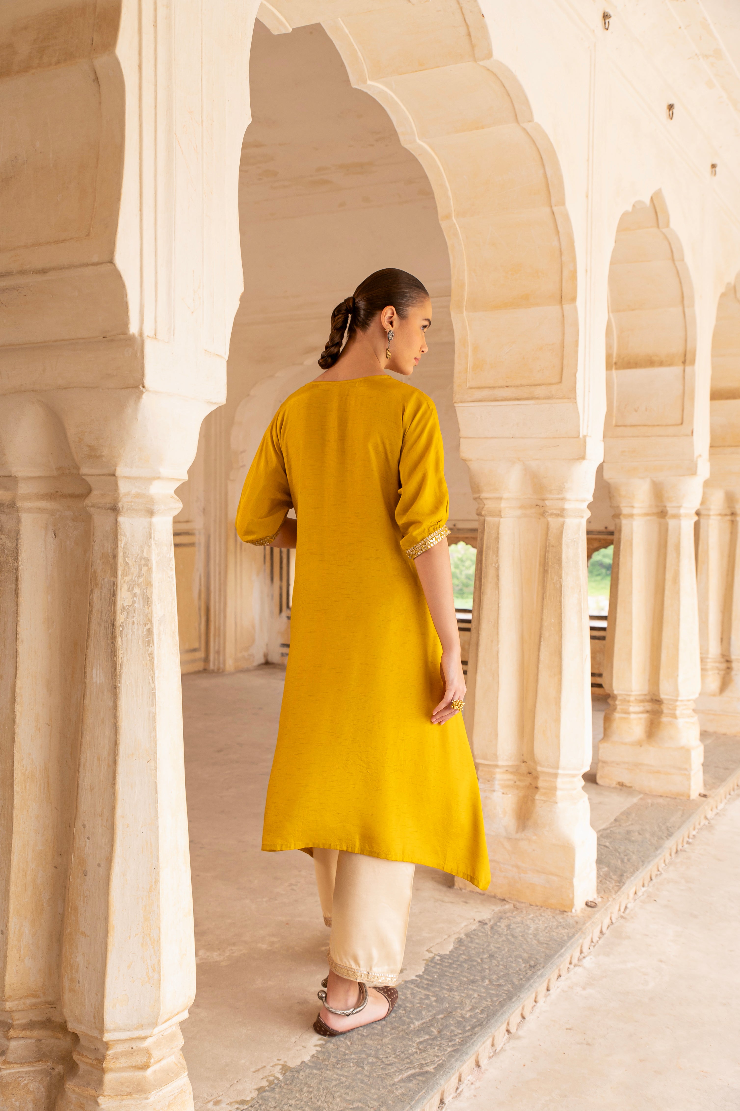 Mustard Embellished Dola Silk Kurta Set