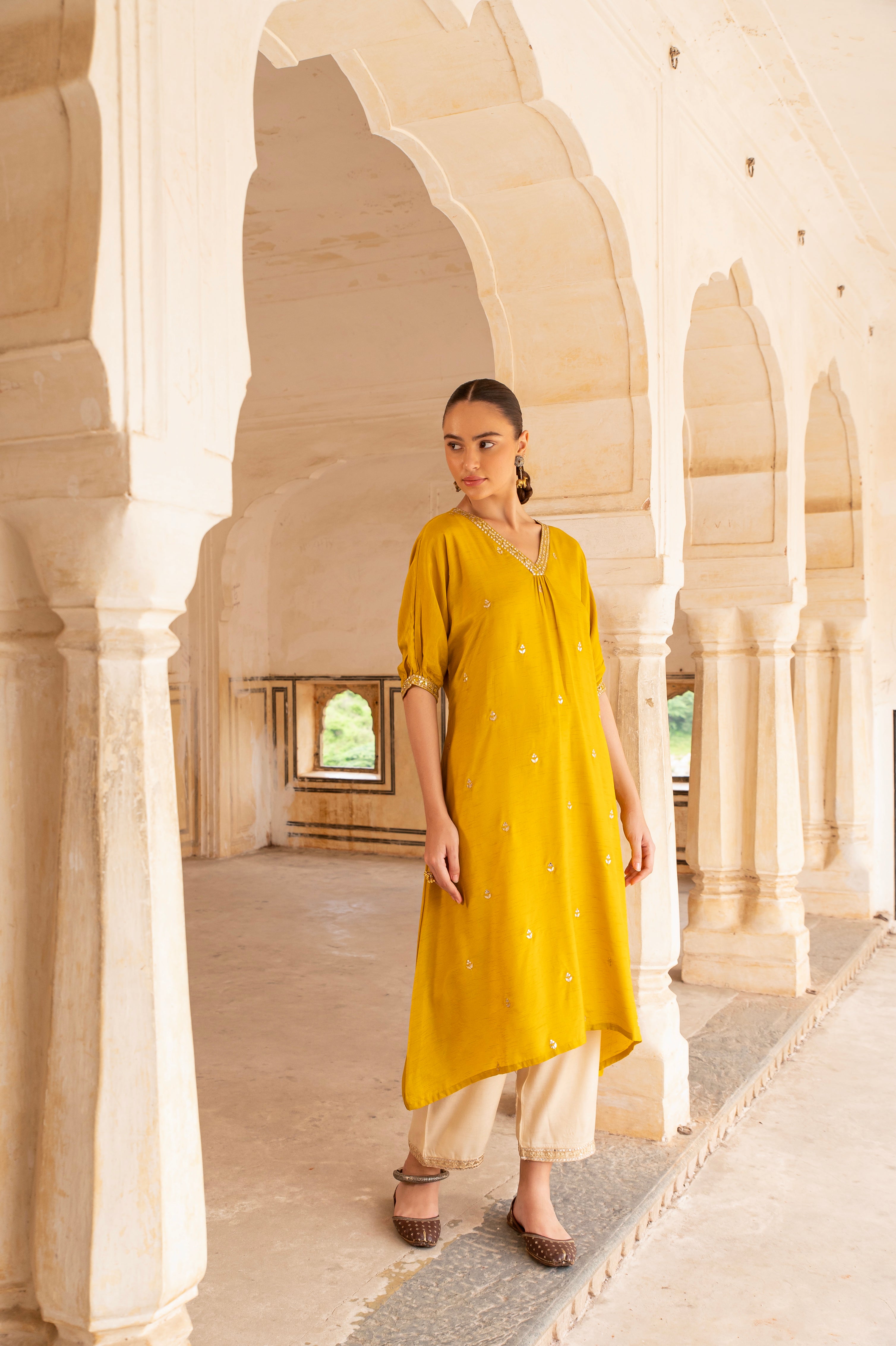 Mustard Embellished Dola Silk Kurta Set