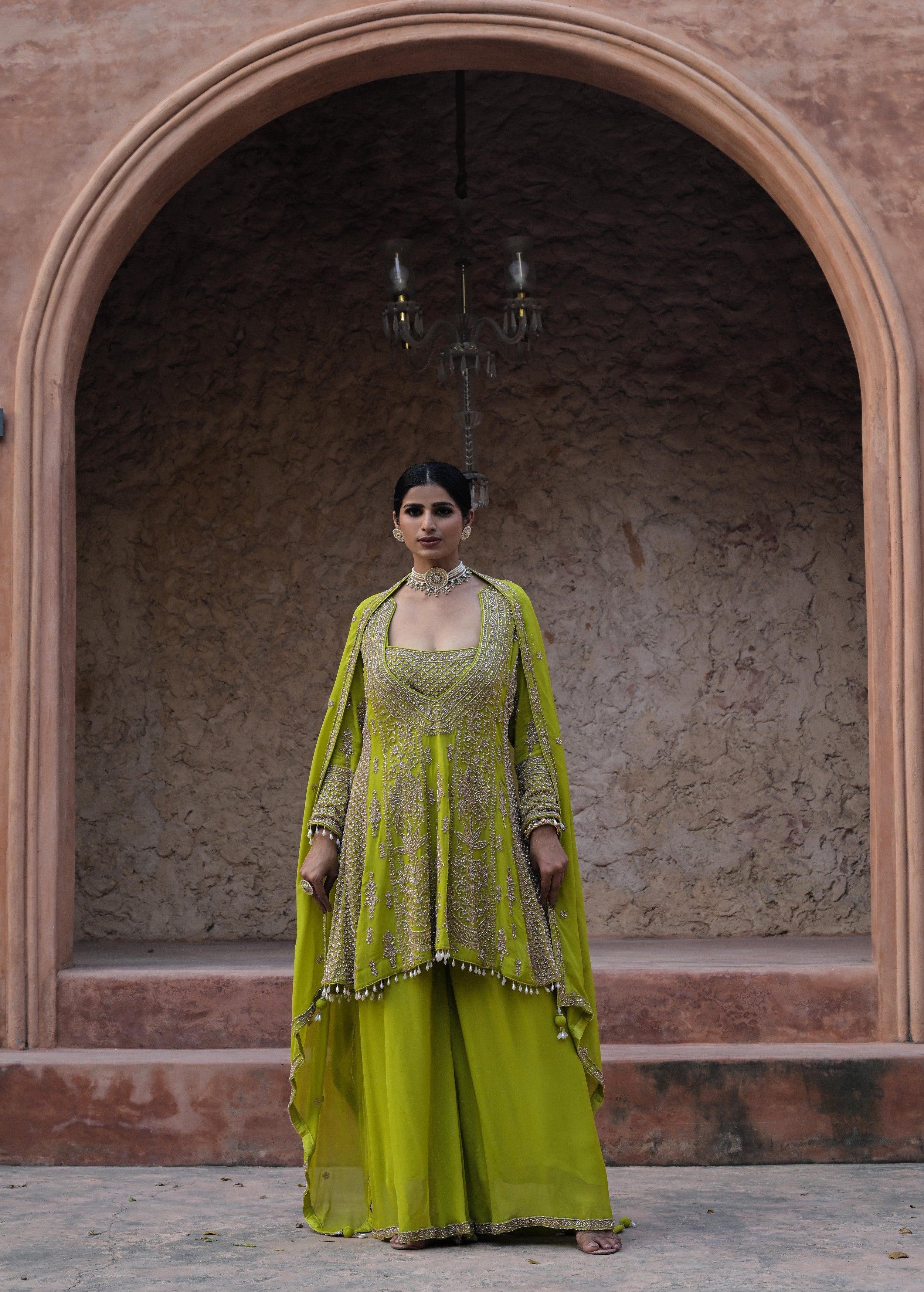 Lime Green Embellished Georgette Silk Palazzo Set