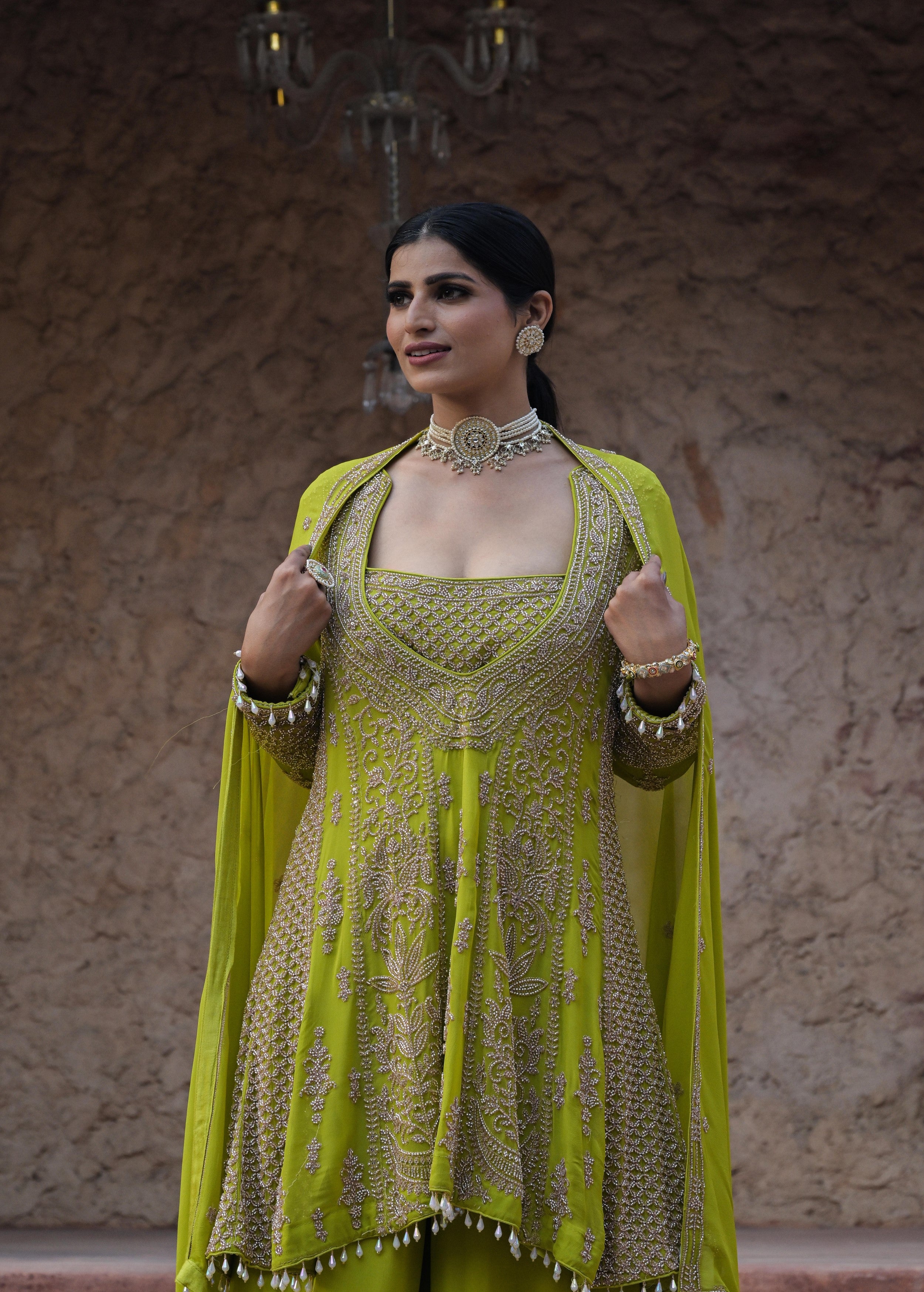 Lime Green Embellished Georgette Silk Palazzo Set