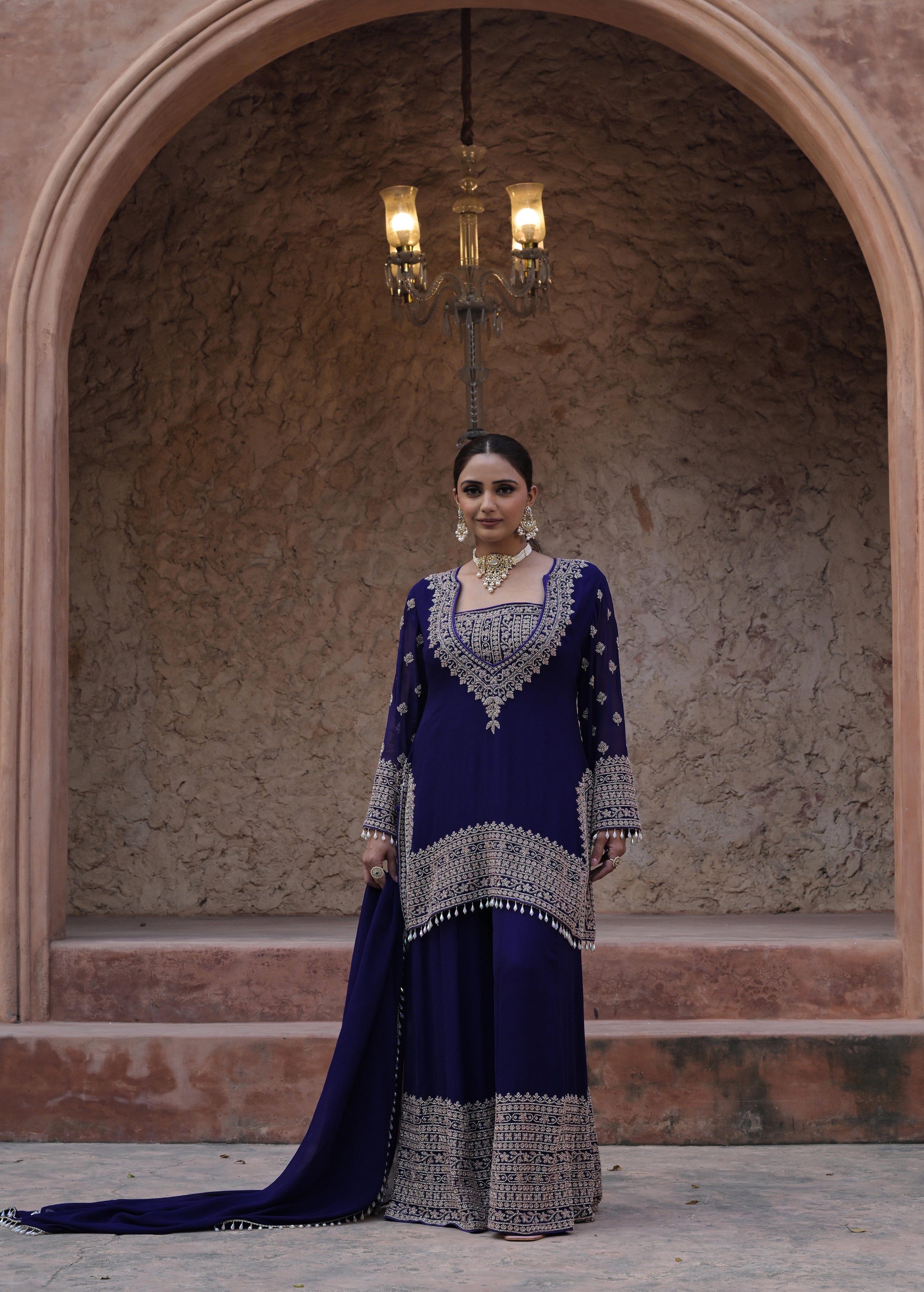 Rich Navy Embellished Georgette Silk Palazzo Set