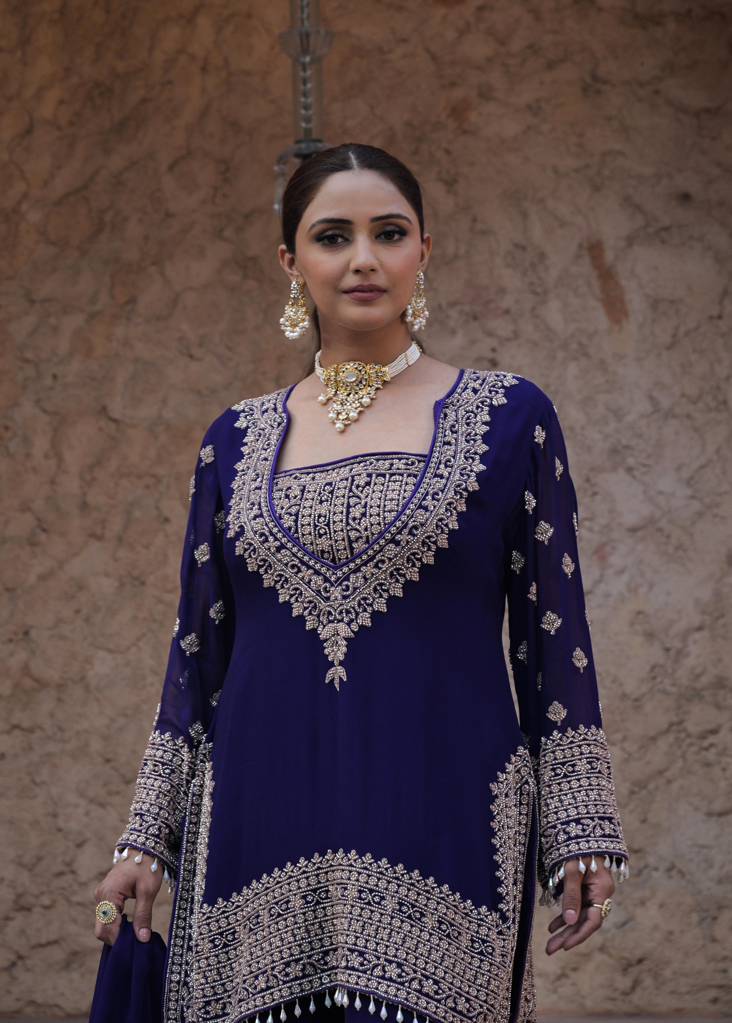 Rich Navy Embellished Georgette Silk Palazzo Set