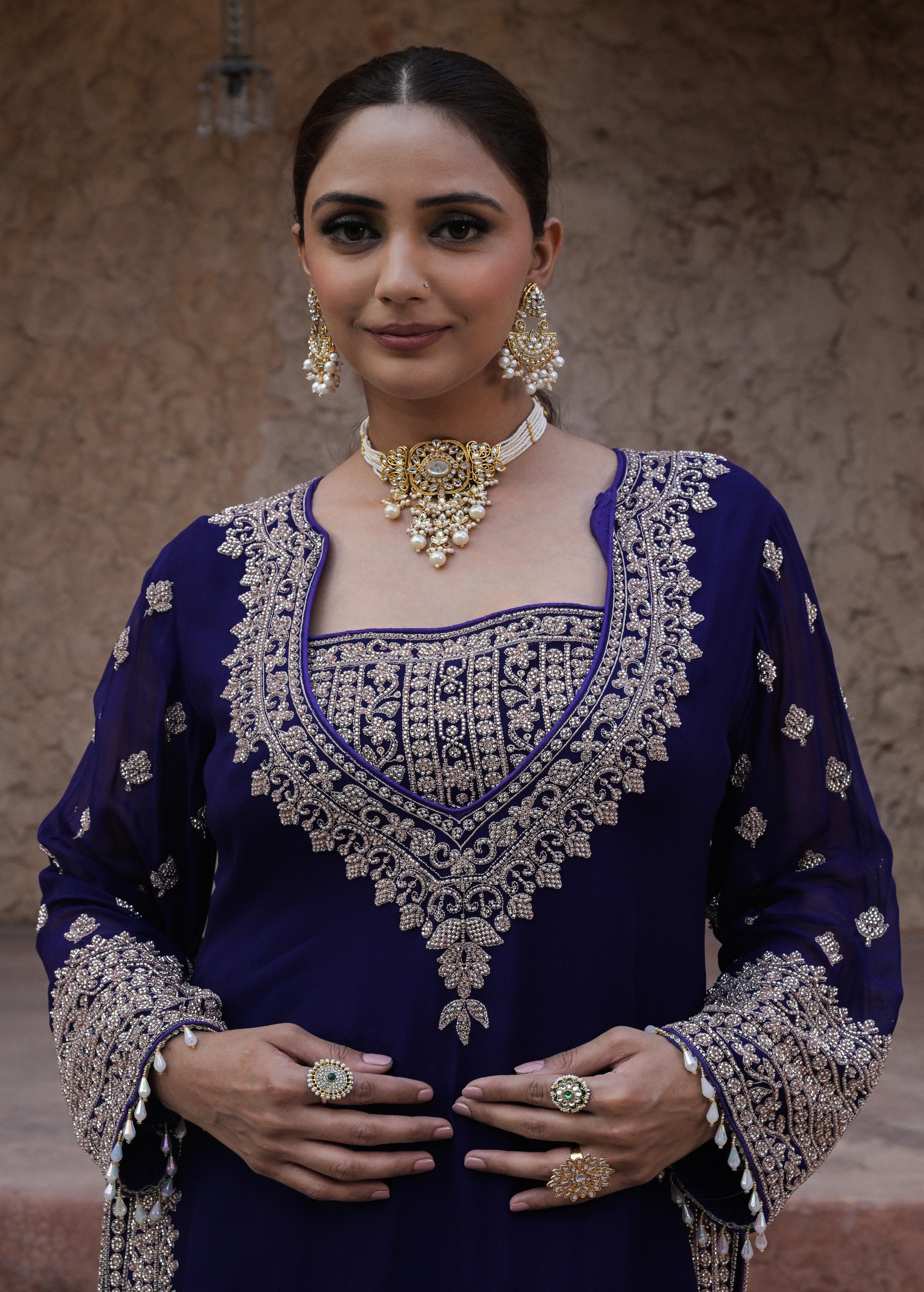 Rich Navy Embellished Georgette Silk Palazzo Set