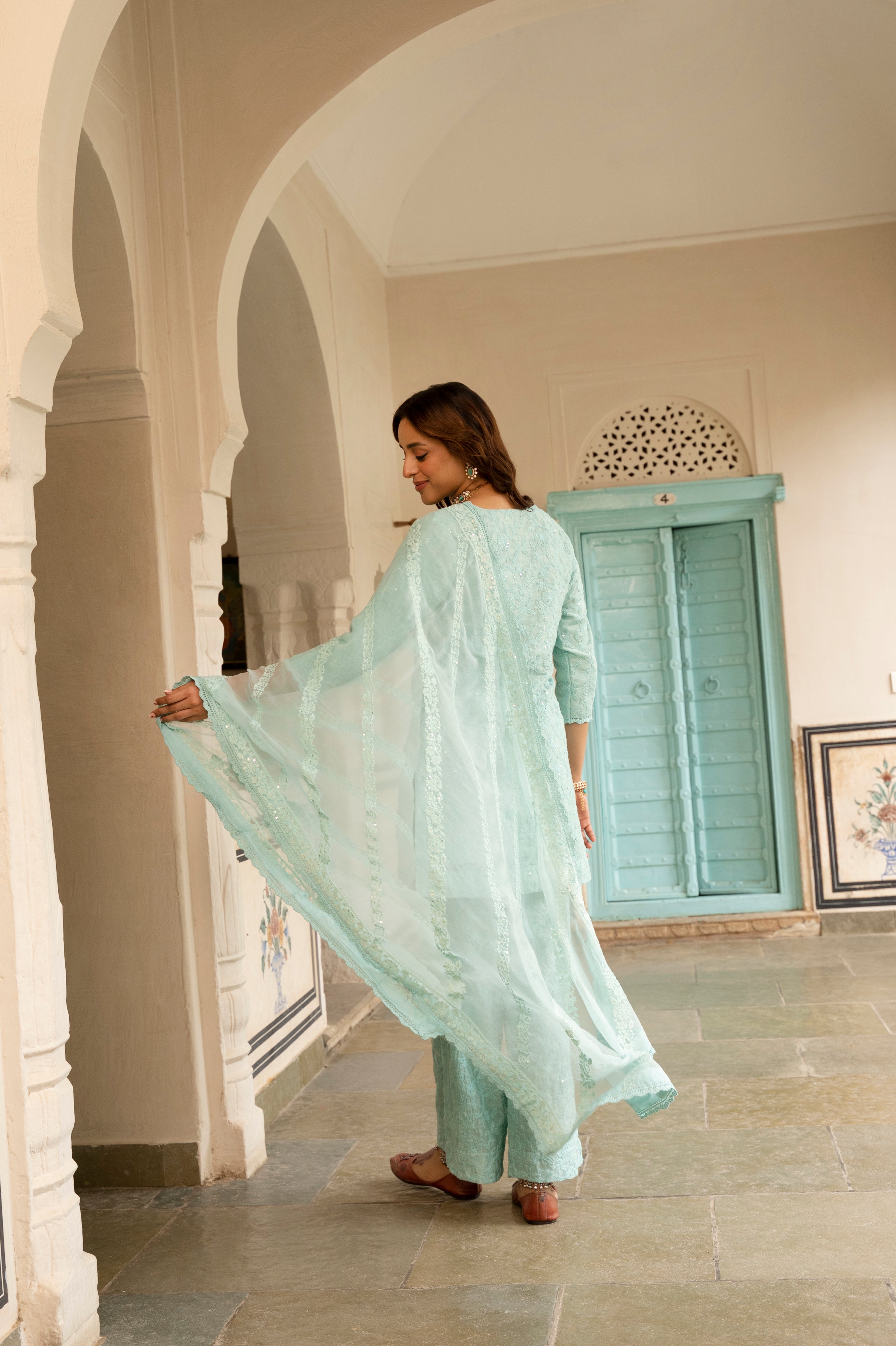 Ice Blue Embroidered Chanderi Silk Pant Set