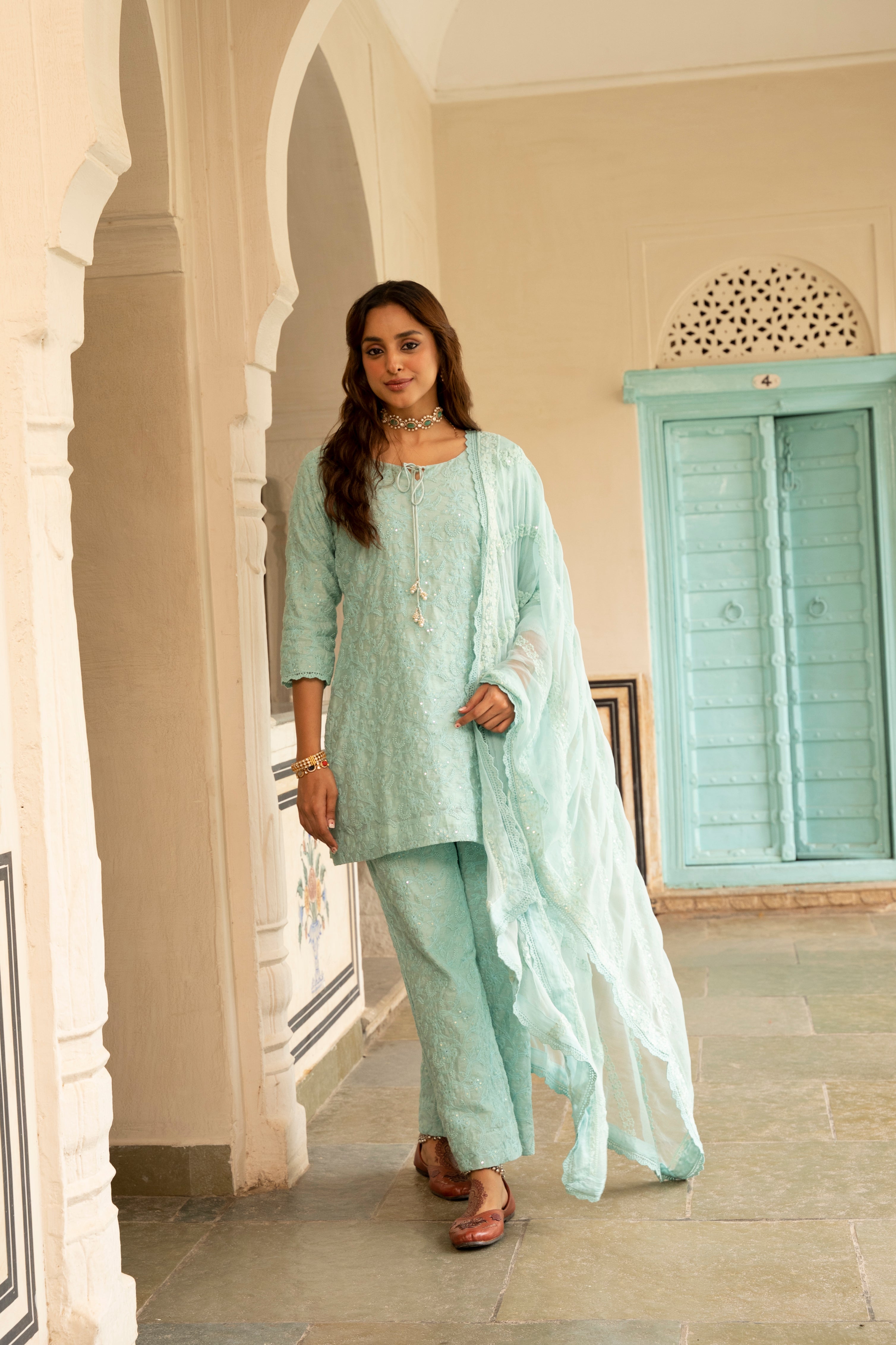 Ice Blue Embroidered Chanderi Silk Pant Set