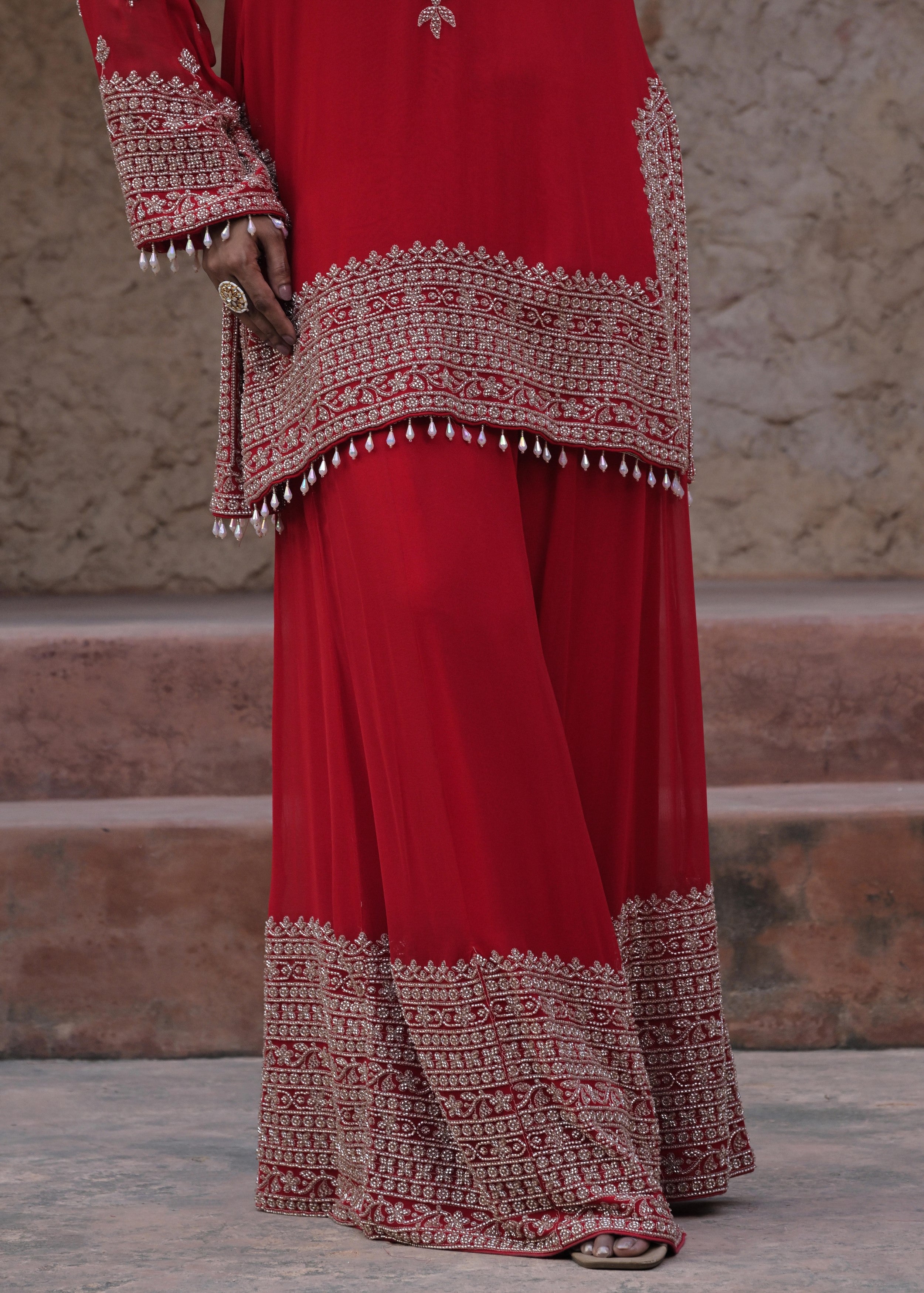 Rich Red Embellished Georgette Silk Palazzo Set