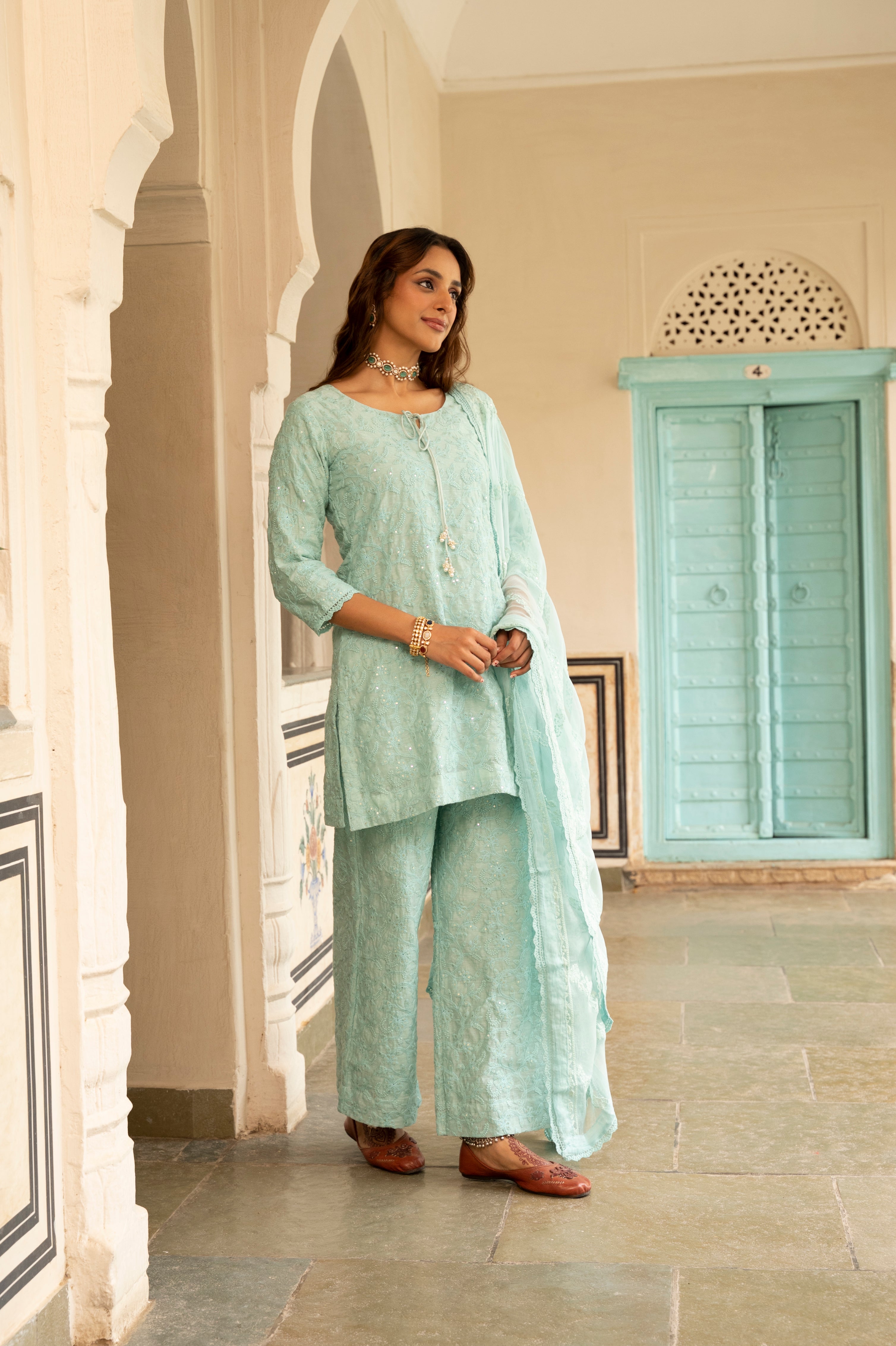 Ice Blue Embroidered Chanderi Silk Pant Set