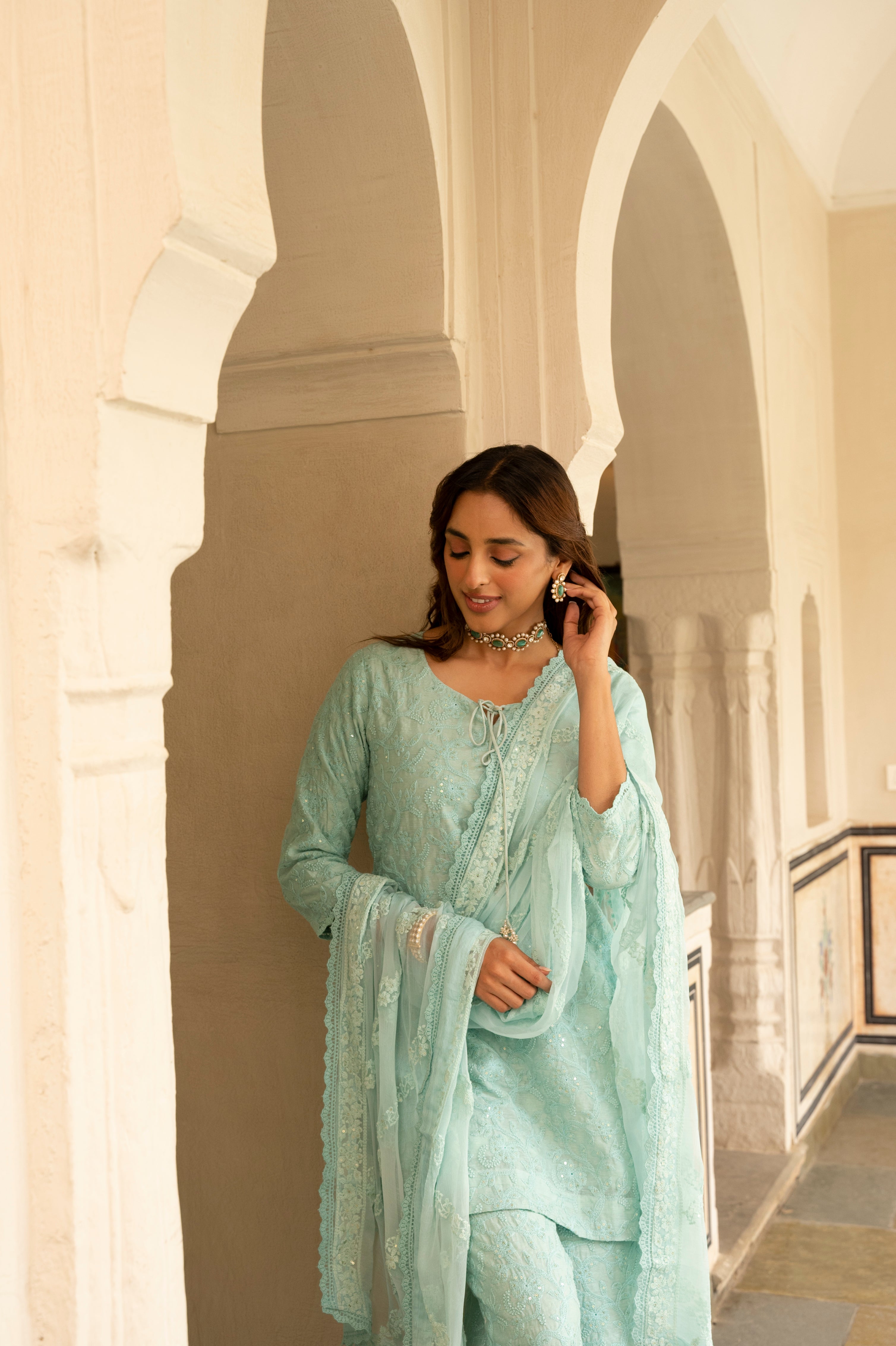 Ice Blue Embroidered Chanderi Silk Pant Set