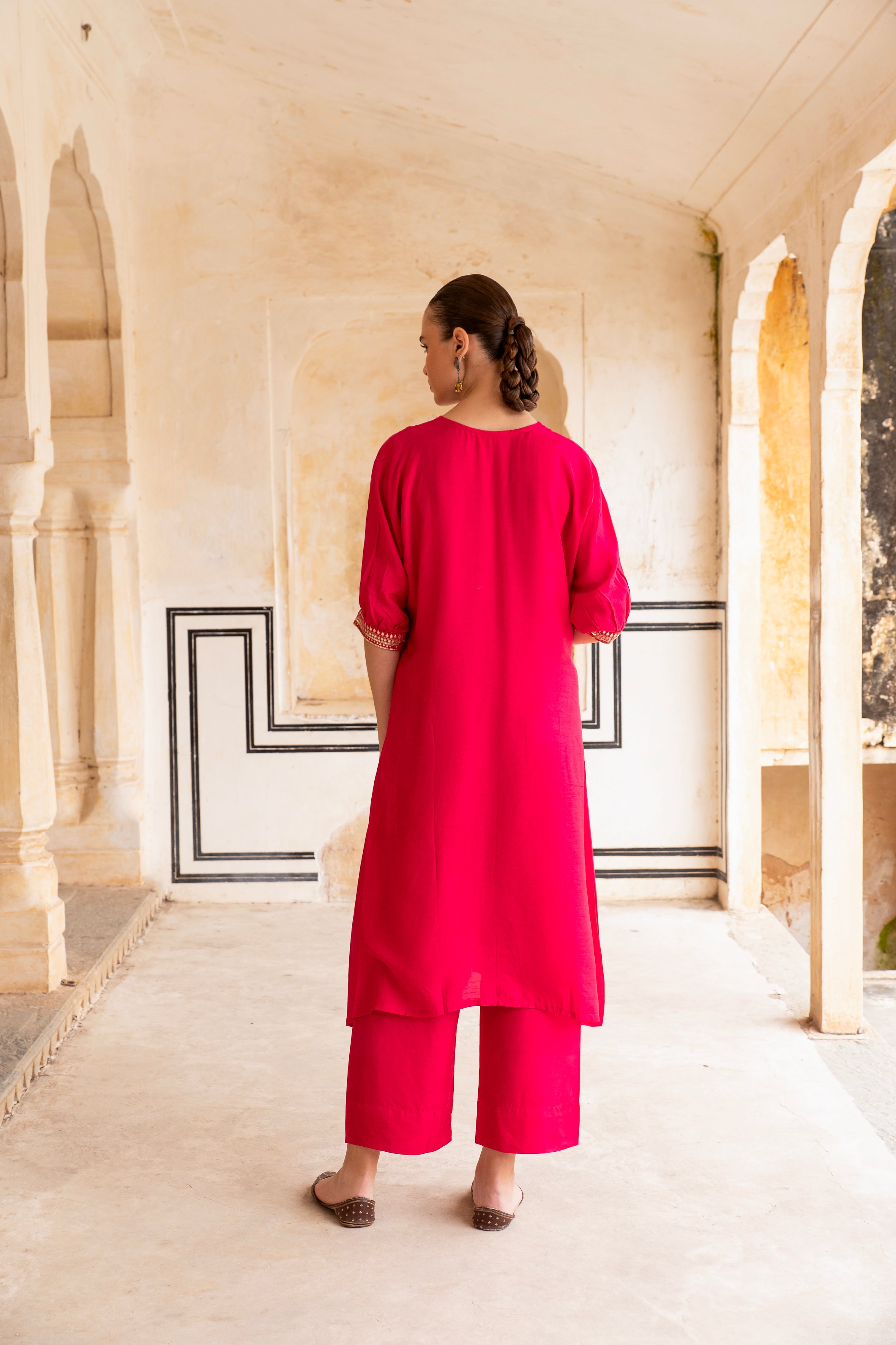 Hot Pink Embellished Dola Silk Kurta Set
