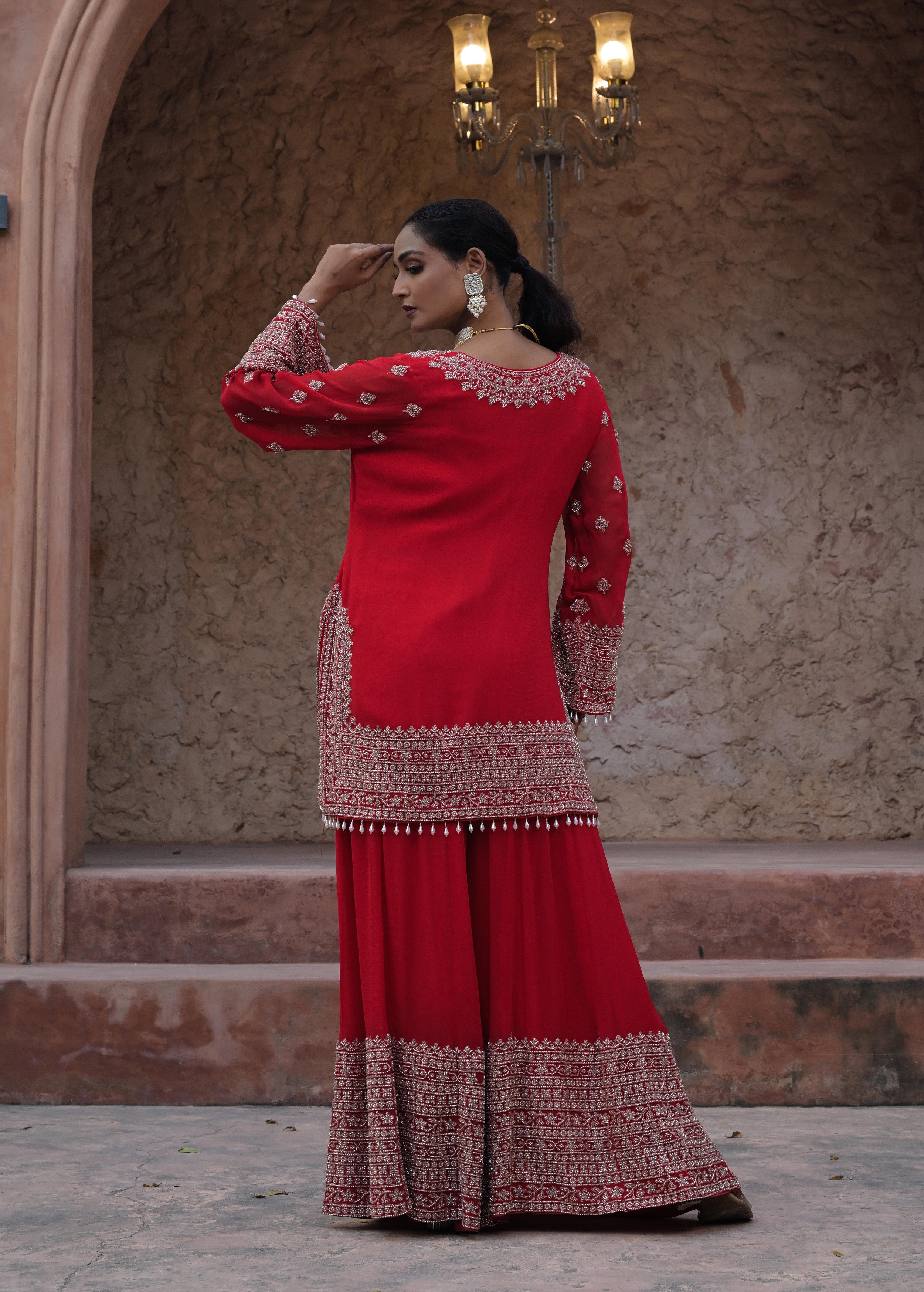 Rich Red Embellished Georgette Silk Palazzo Set