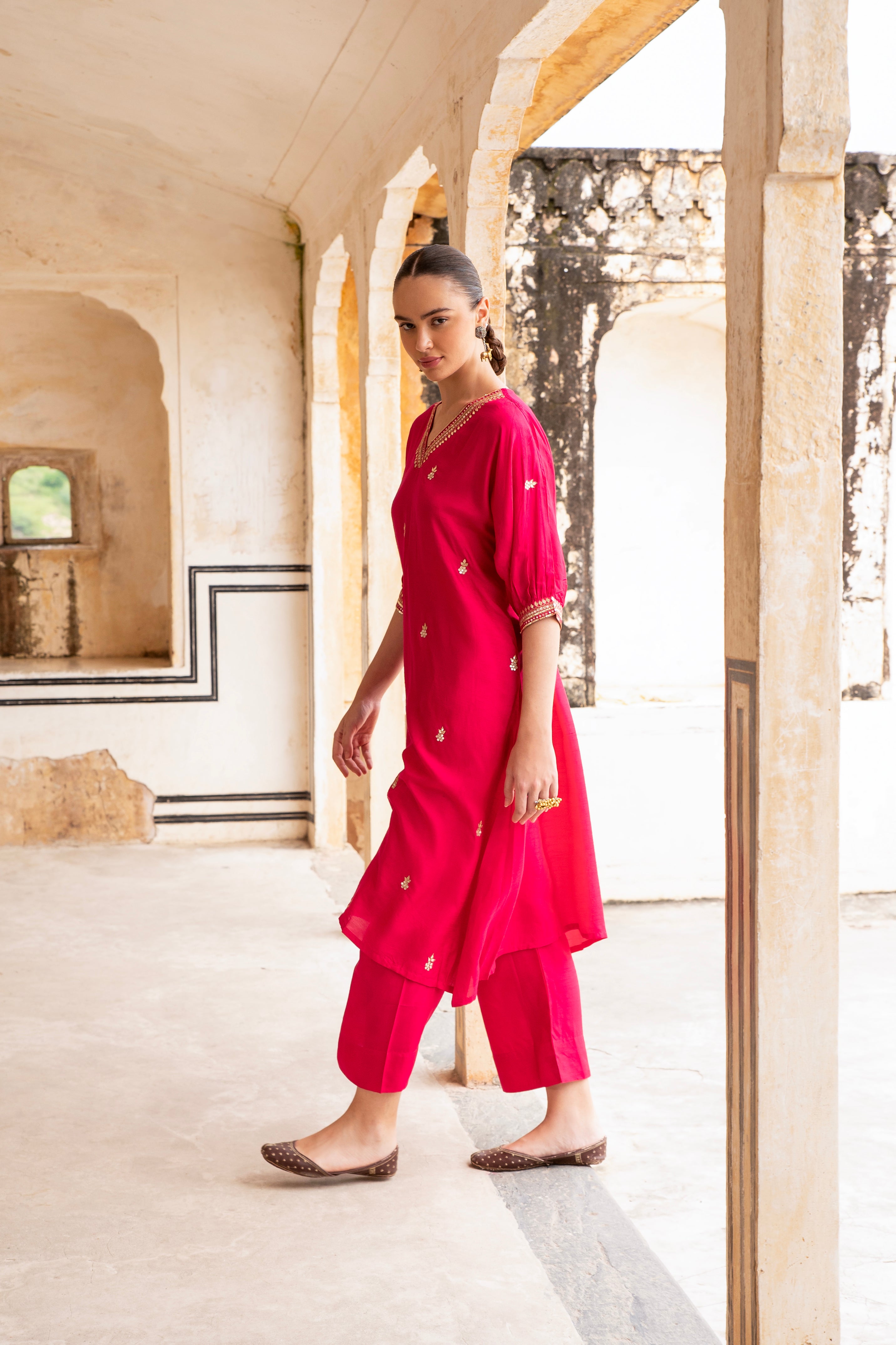 Hot Pink Embellished Dola Silk Kurta Set