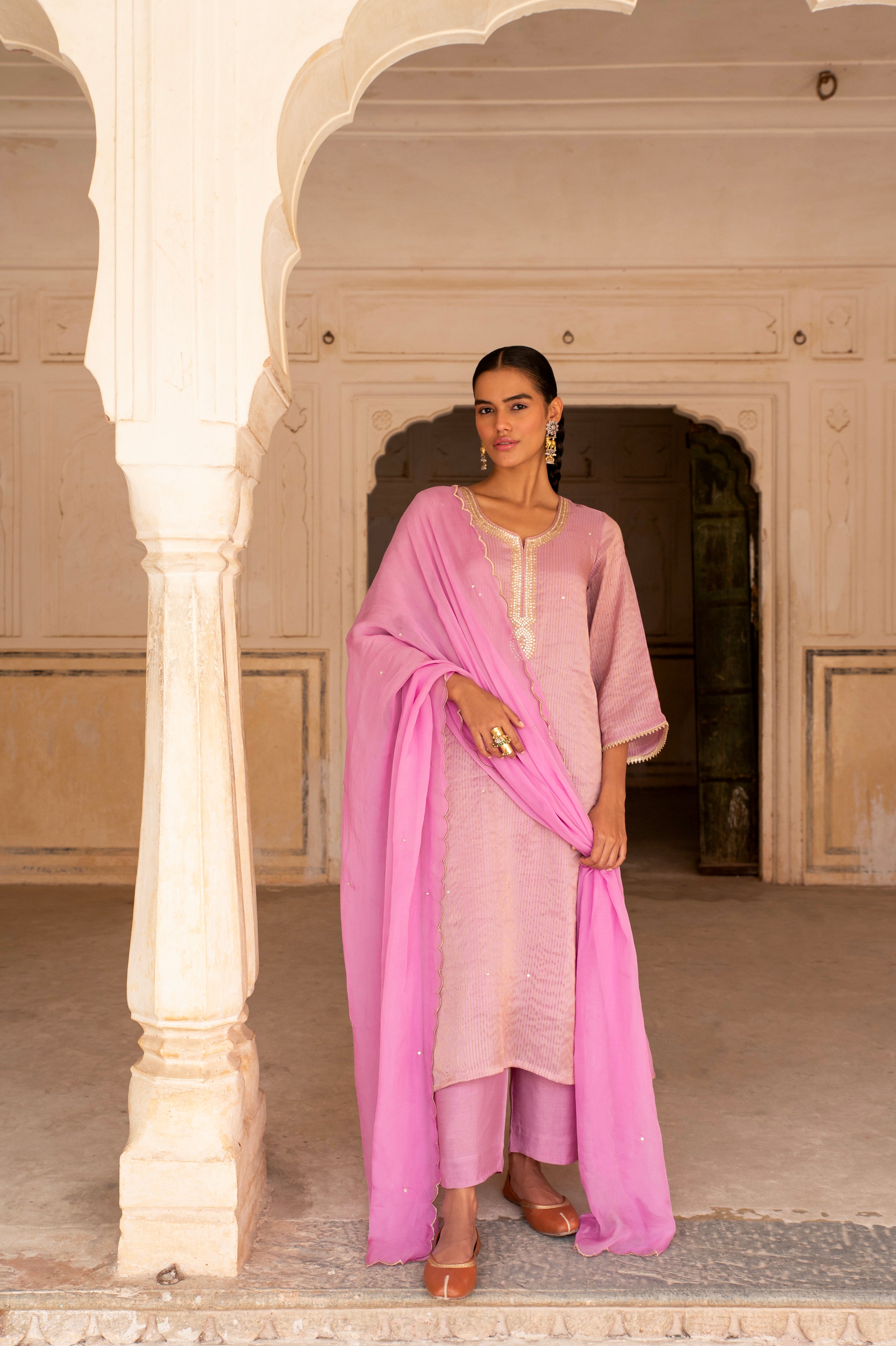 Pink Embellished Premium Silk Pant Set