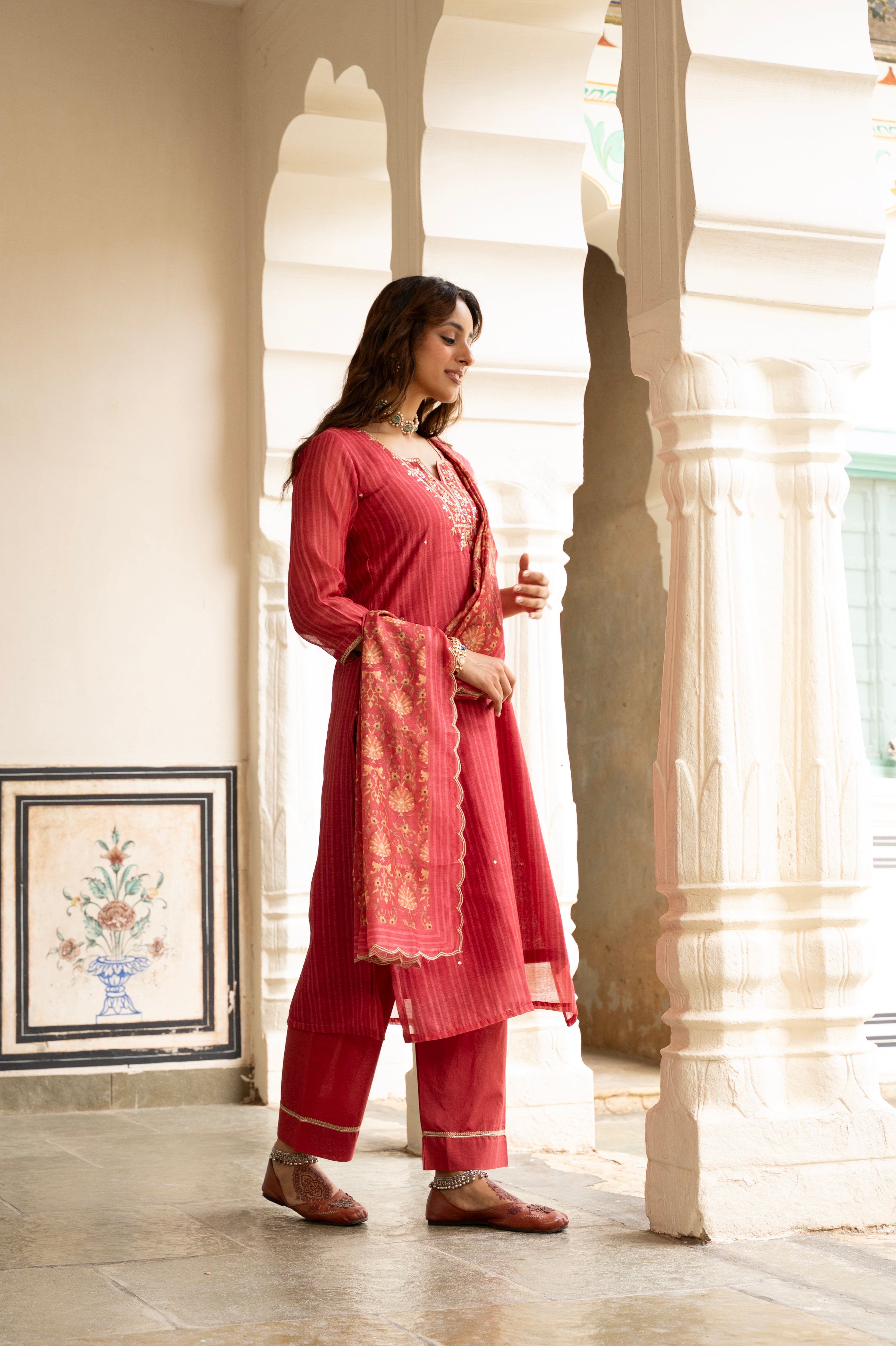 Scarlet Red Embellished Chanderi Silk Pant Set