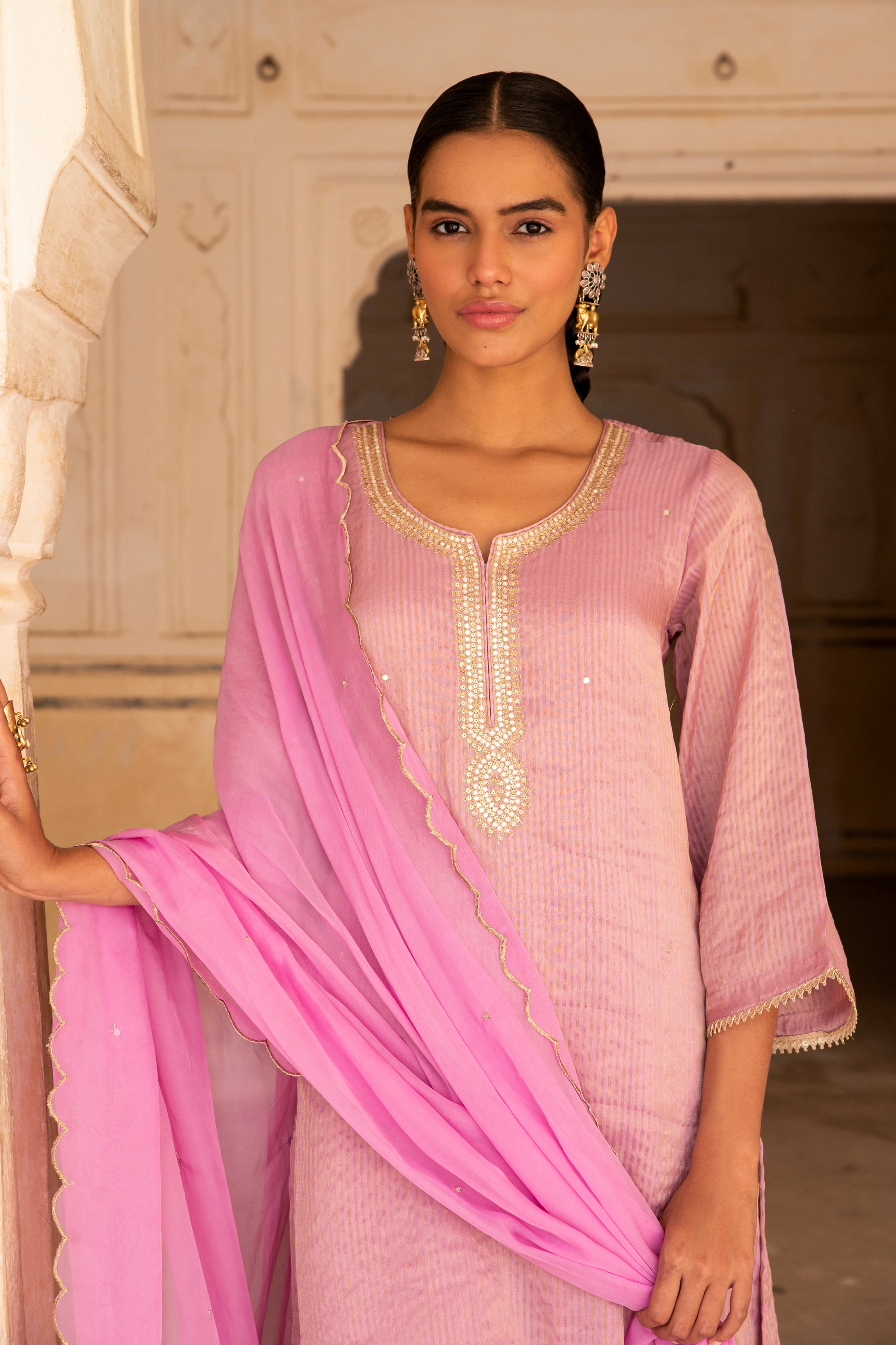 Pink Embellished Premium Silk Pant Set