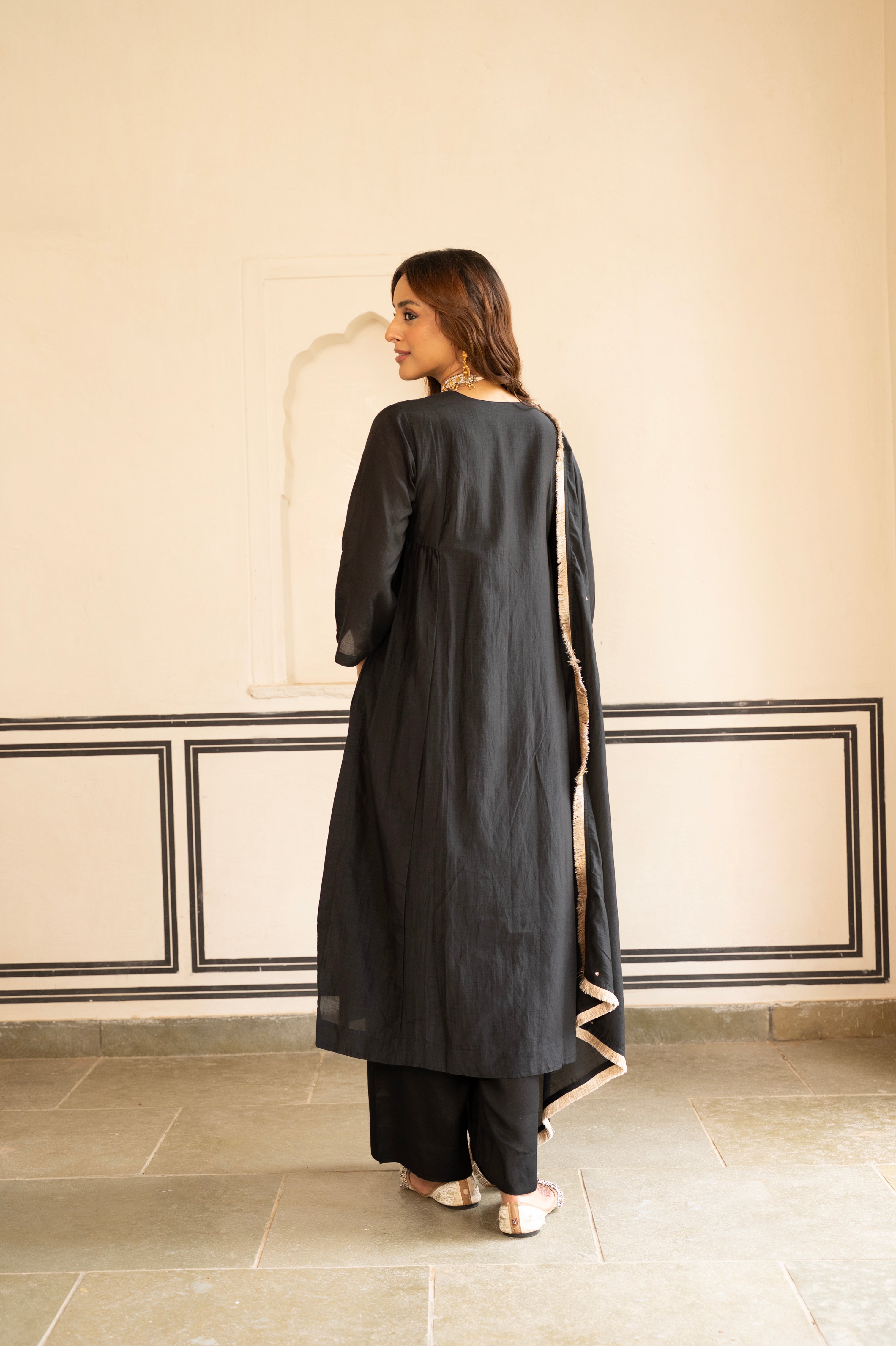 Coal Black Embellished Mul Chenderi Pant Set